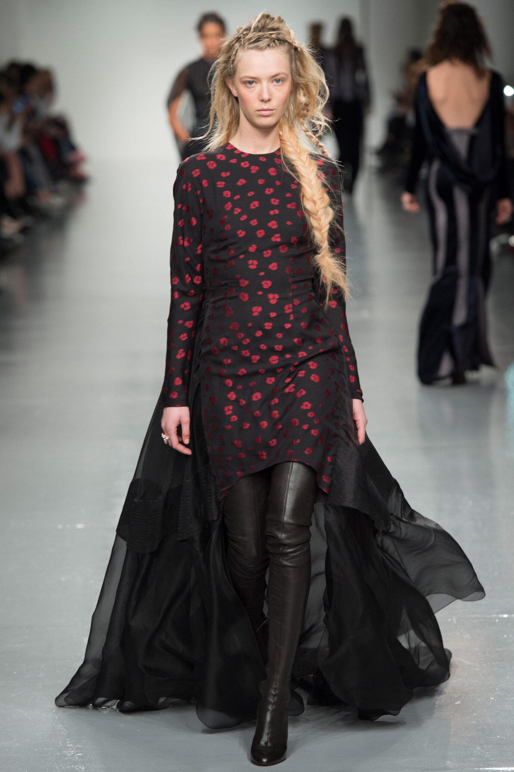 black silk long-sleeve v-neck fitted flared printed dress