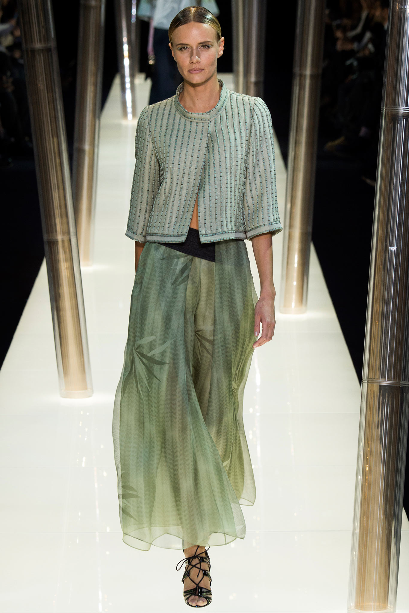 green chiffon sleeveless relaxed pleated flowing maxi skirt