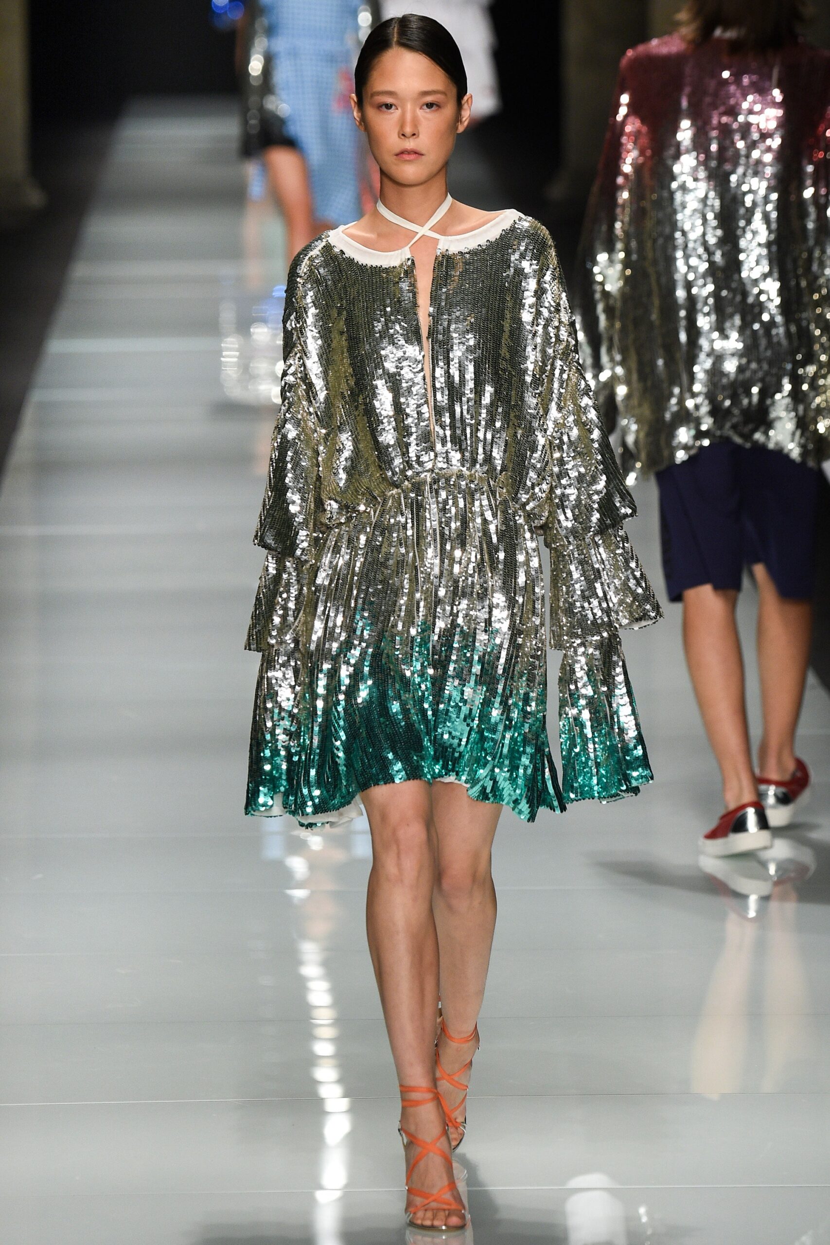 shiny silver green ruffled dress