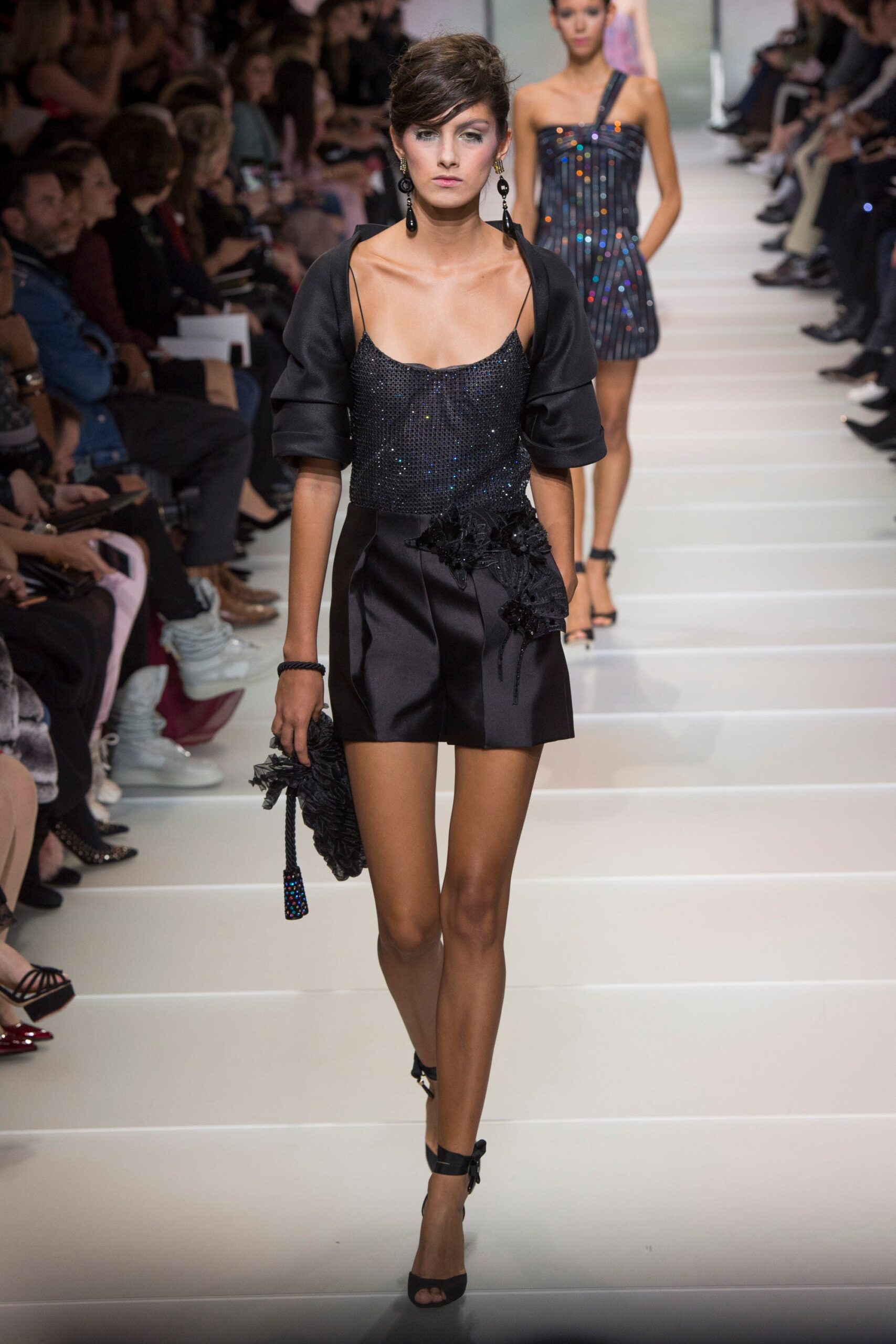 black silk fitted top and shorts