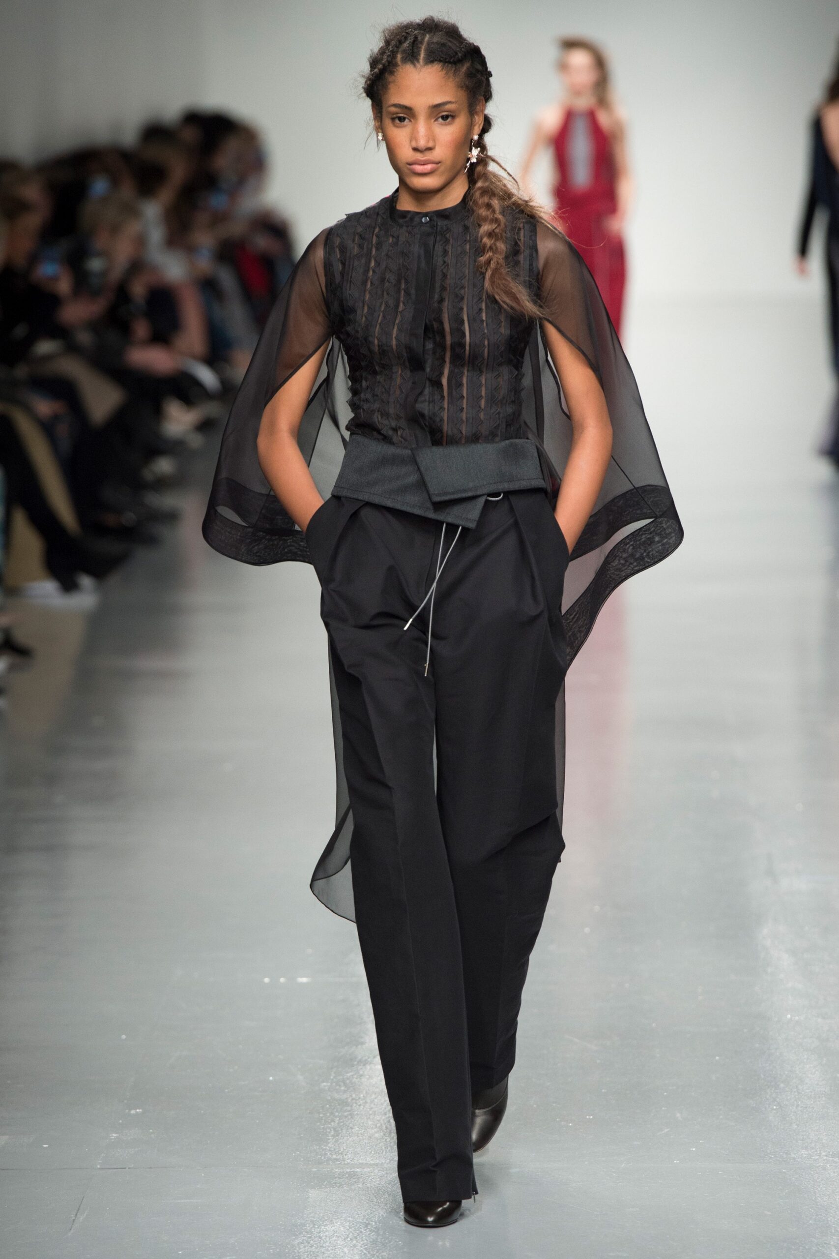black silk sleeveless high-neck fitted pleated sheer top