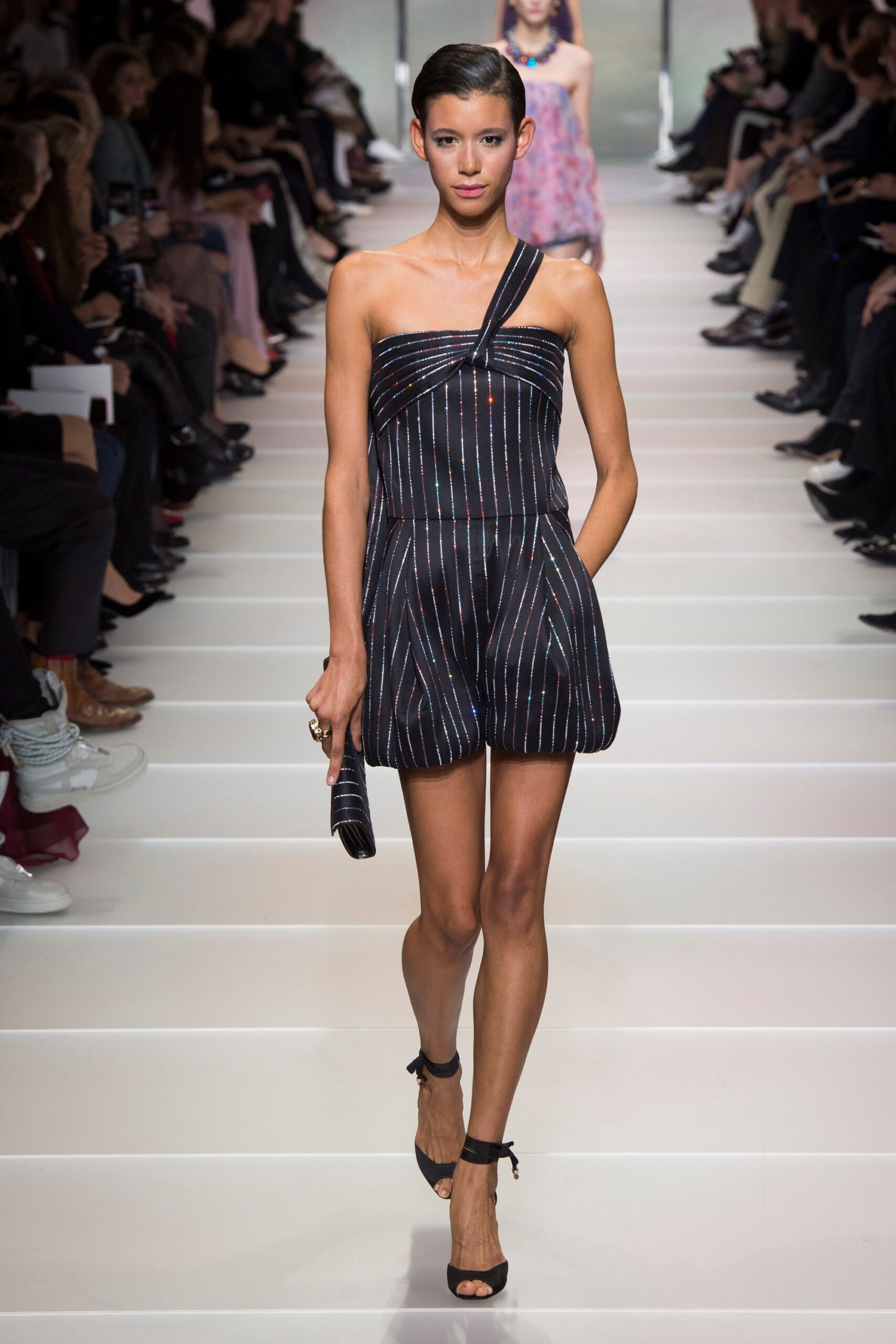 black silk one-shoulder romper