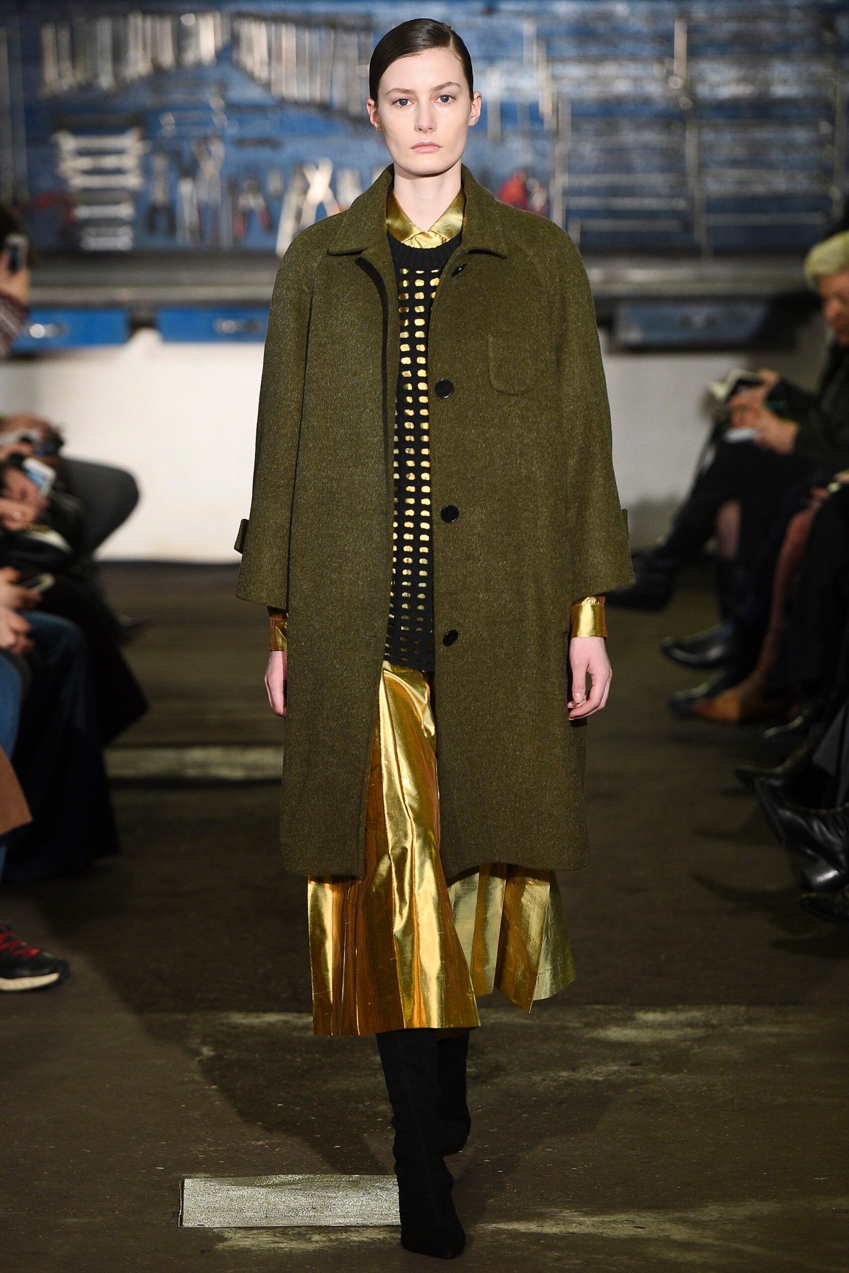 green wool coat and gold dress