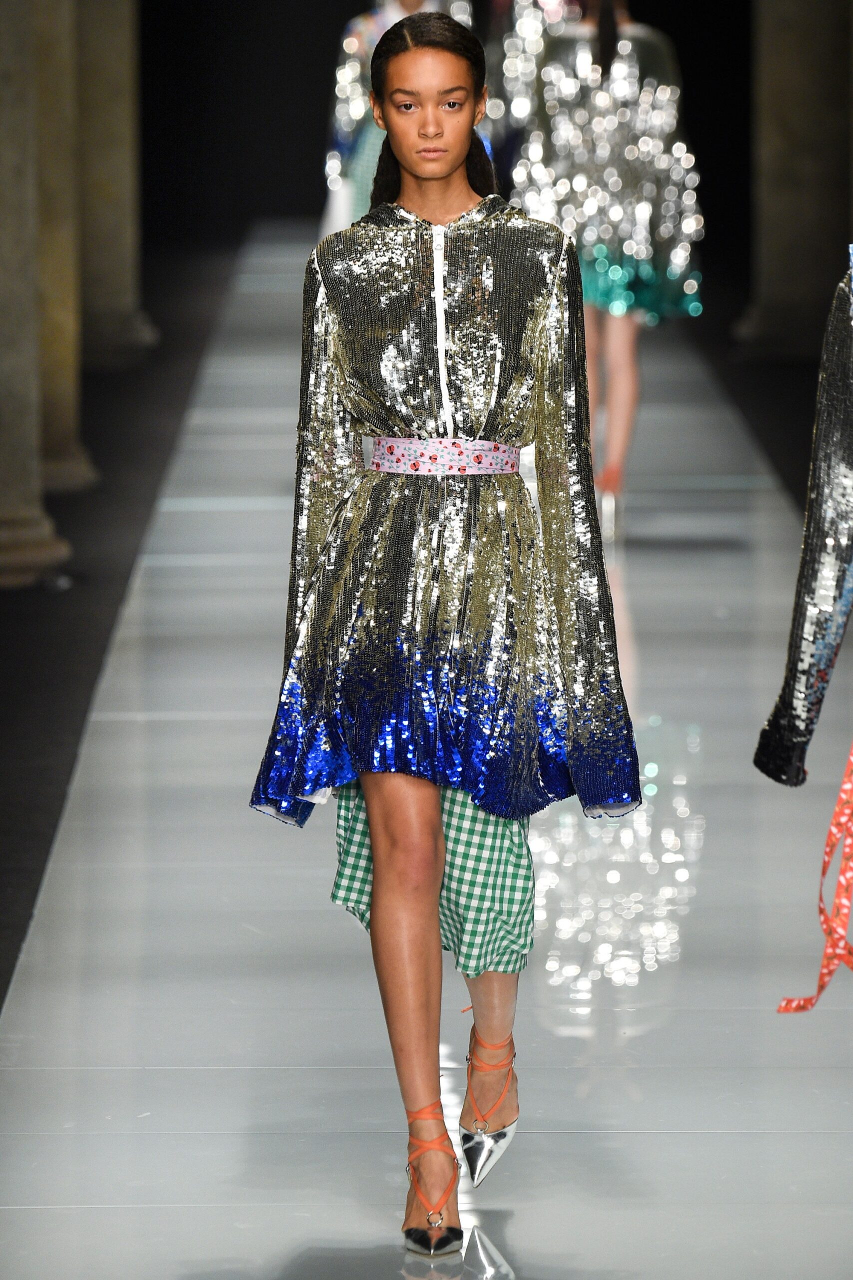 green and blue sequin midi dress