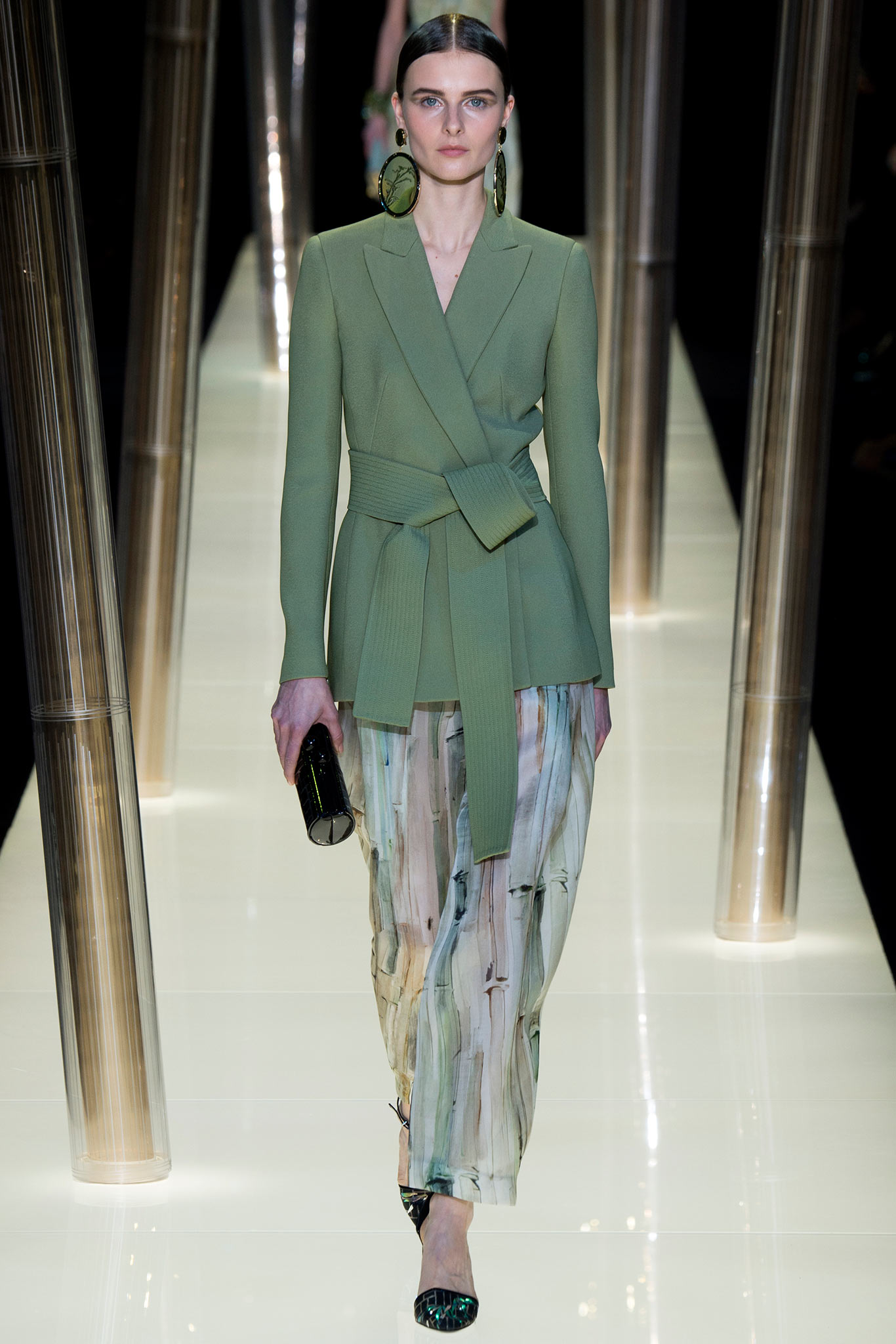 green cotton long-sleeve collared fitted belted blazer