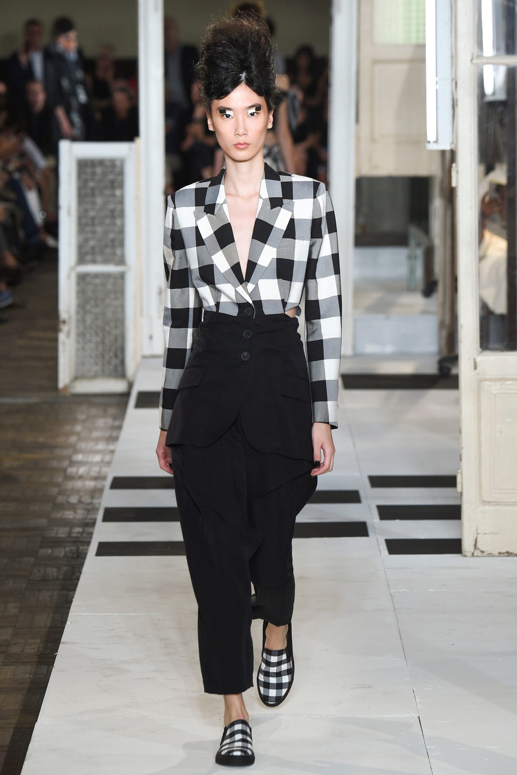 checked blazer and relaxed pants