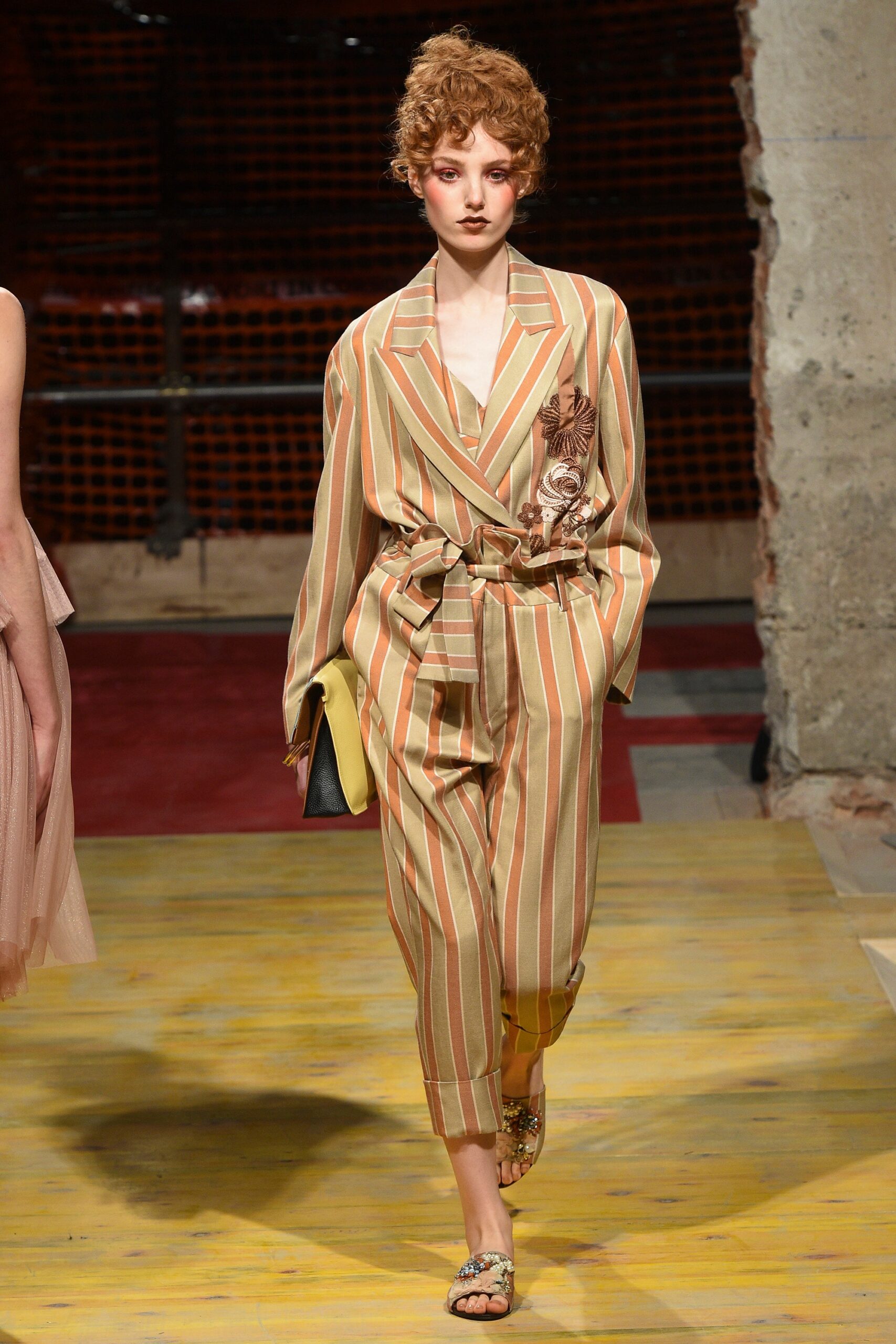 beige striped tailored suit