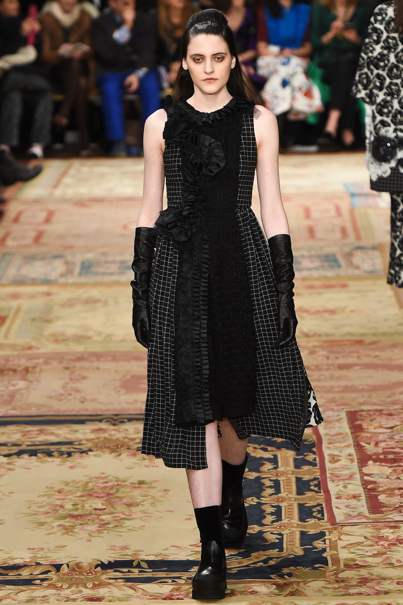 black fitted midi dress with gloves