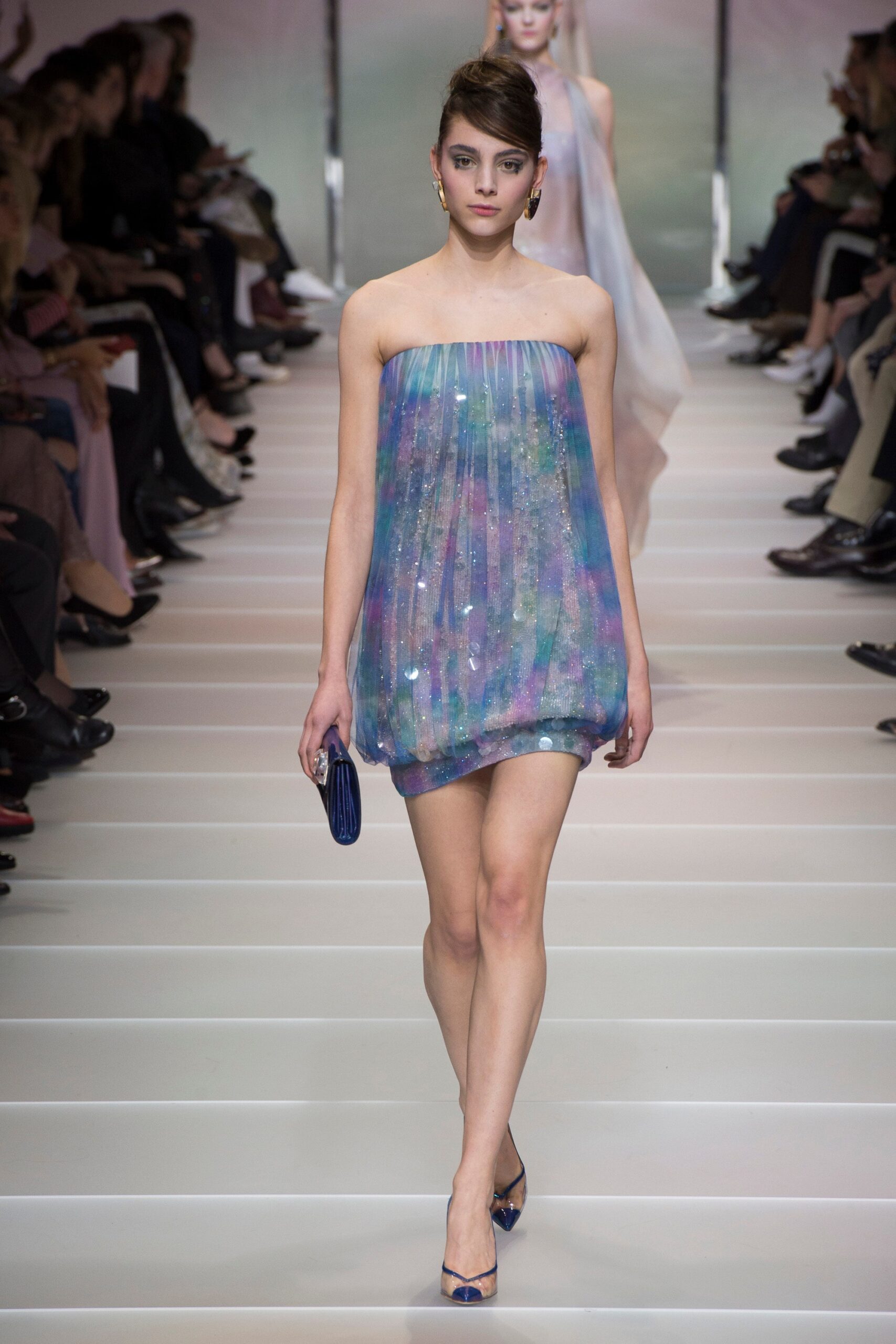 blue purple strapless mini dress