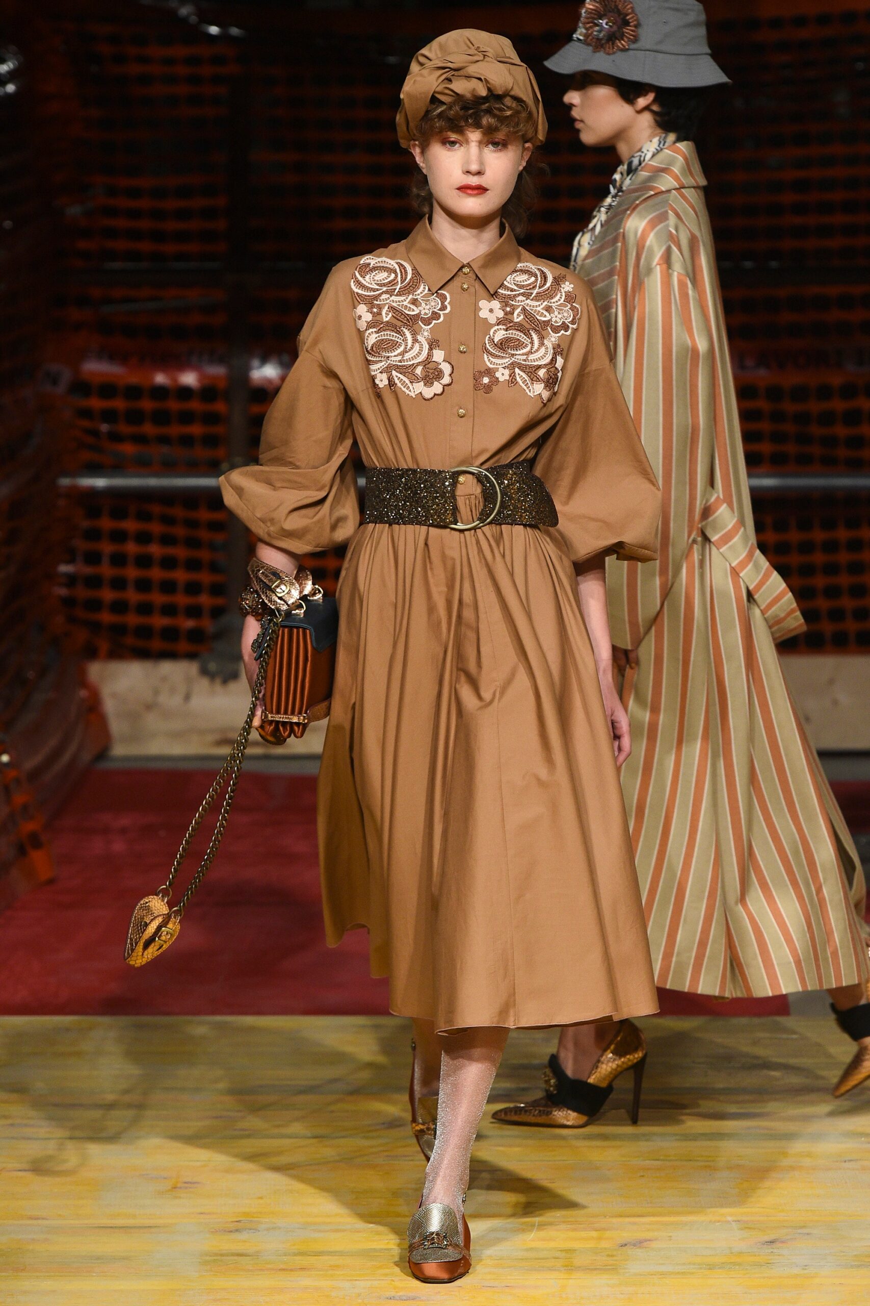 brown cotton embroidered midi dress