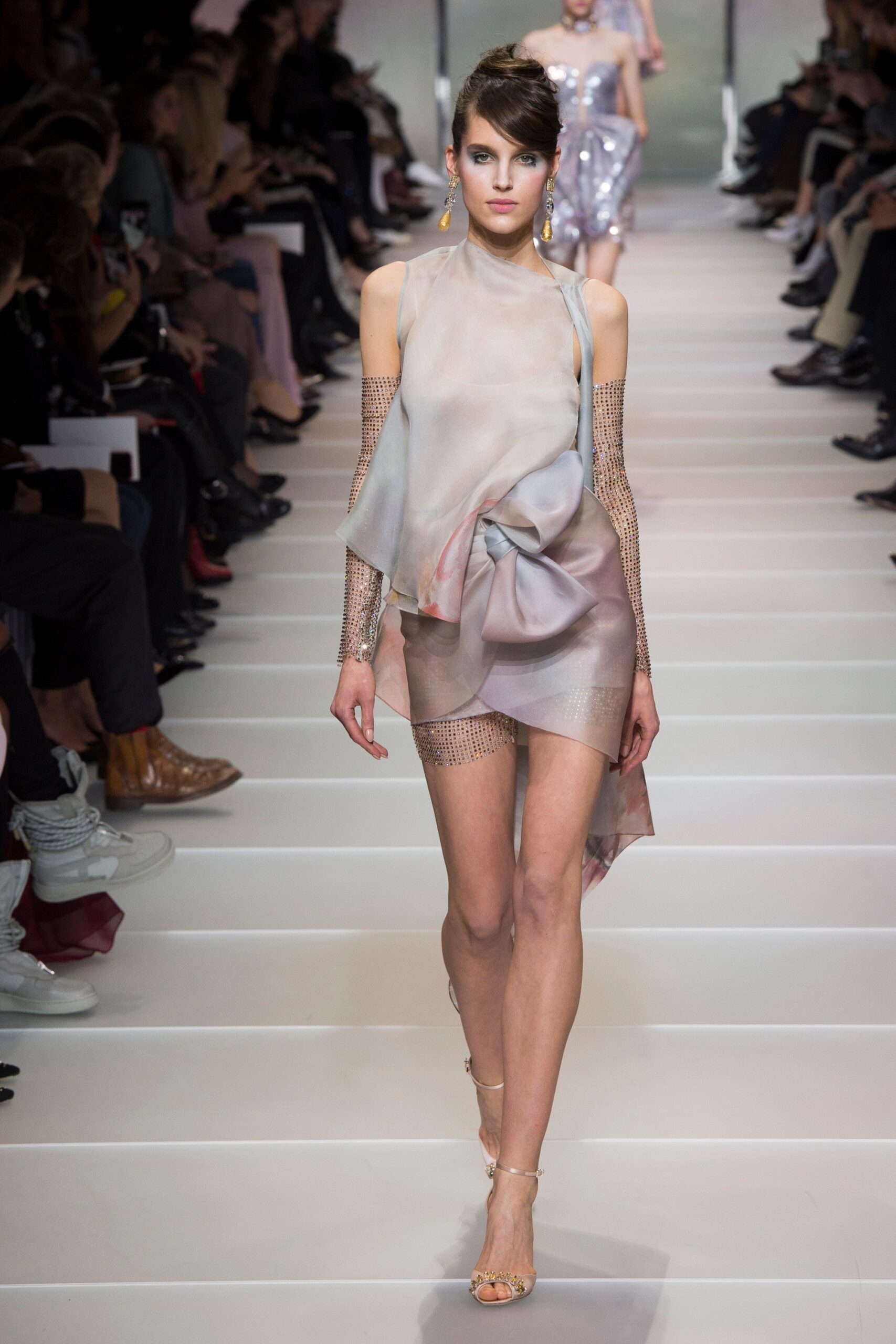 pink gray draped mini dress