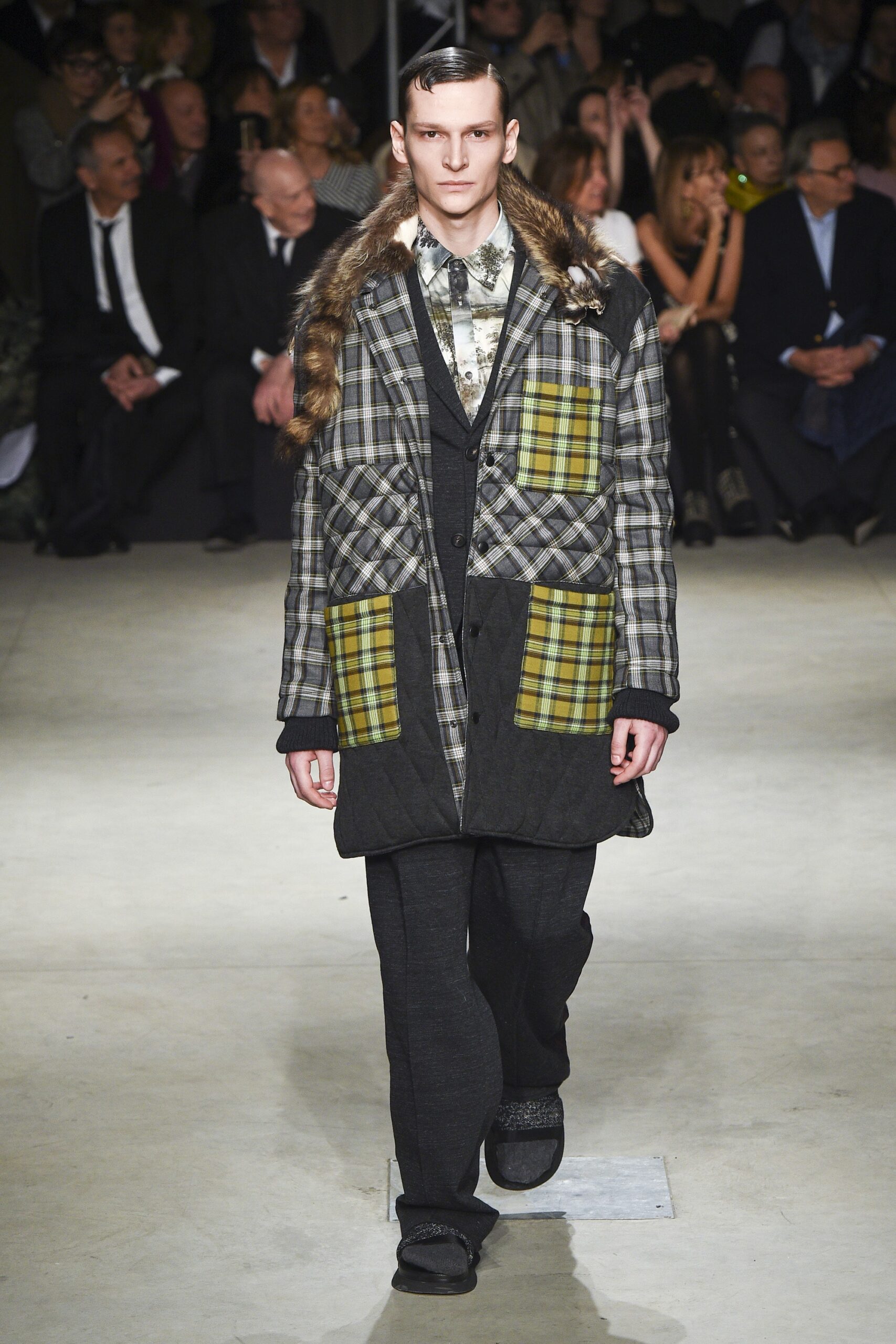 checked wool coat with relaxed pants