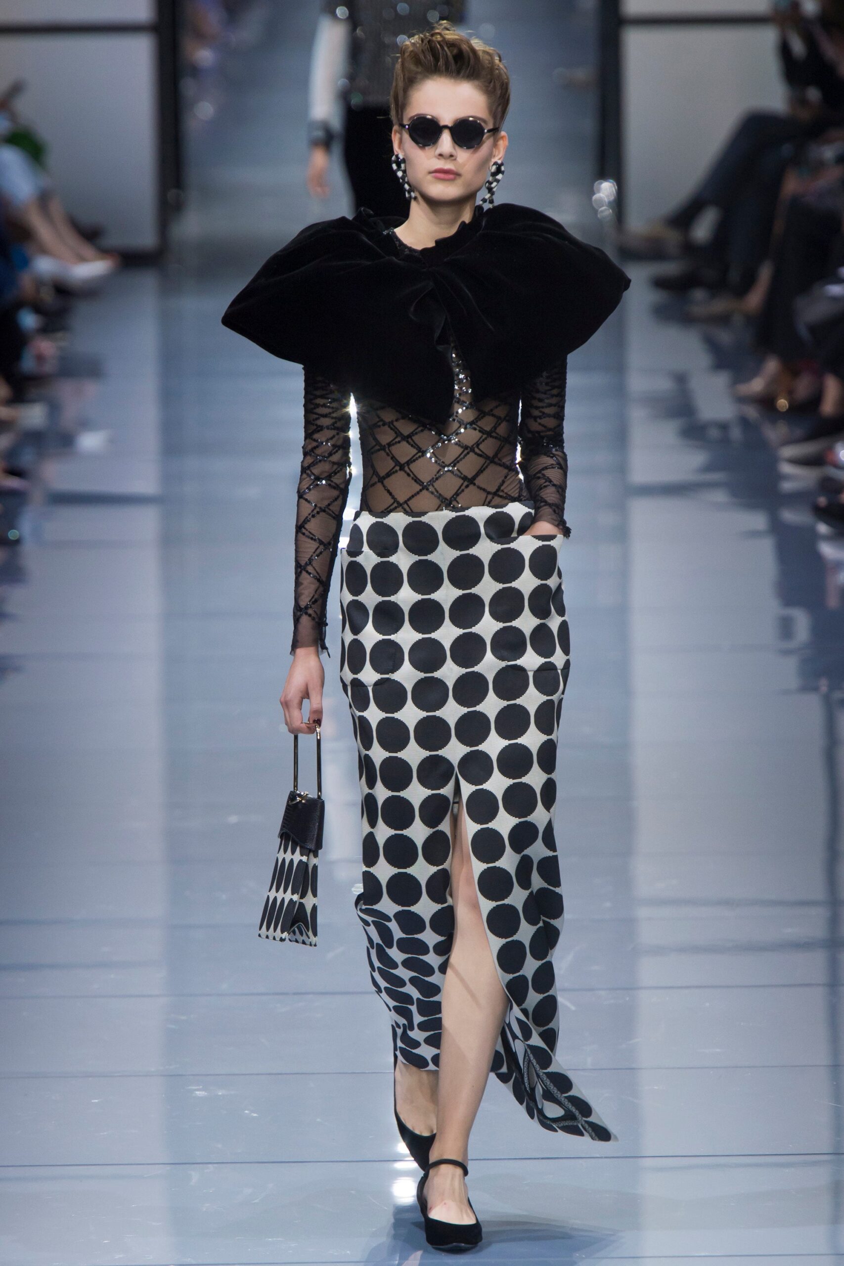 black silk fitted top with polka-dot skirt