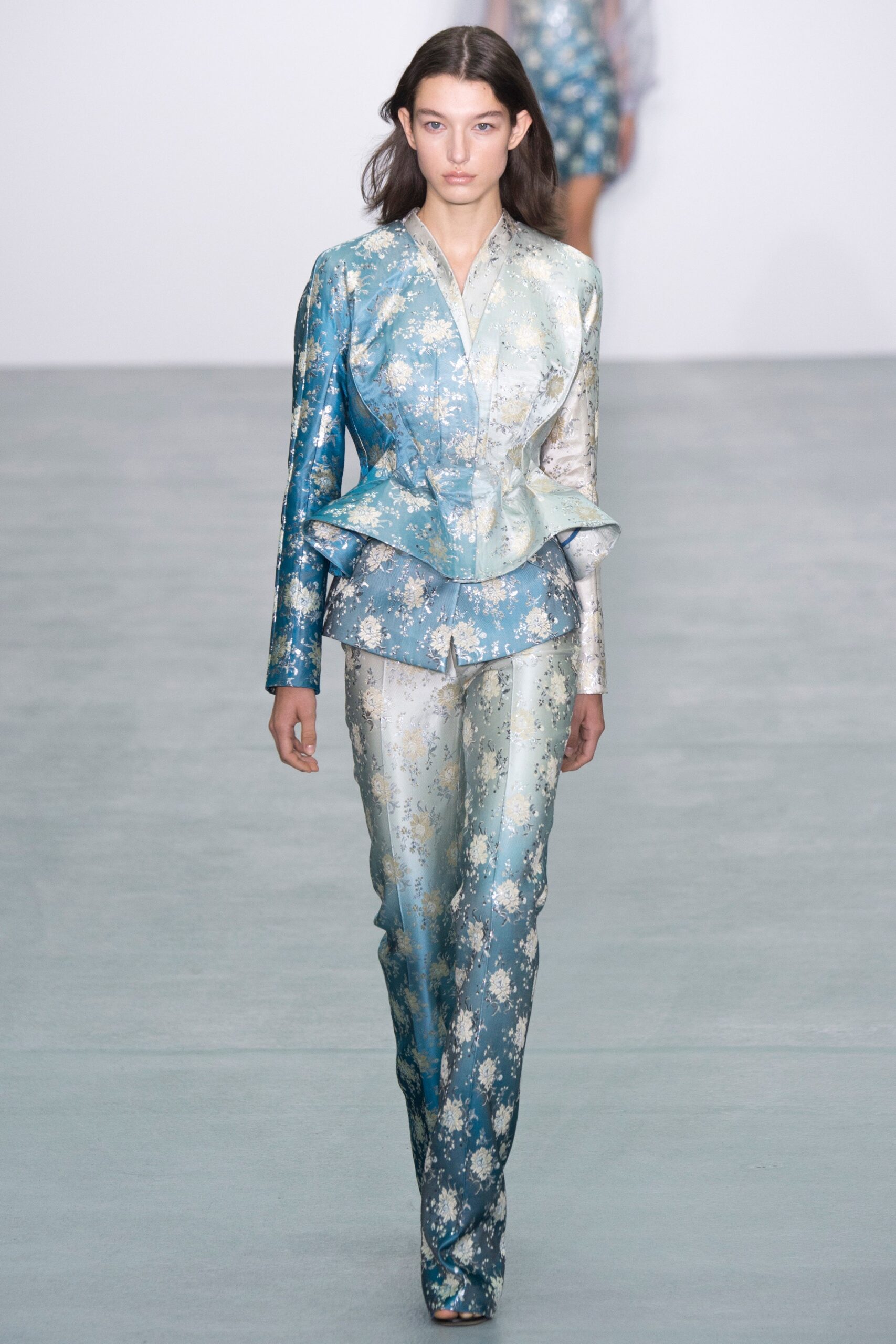 blue and white embroidered silk suit