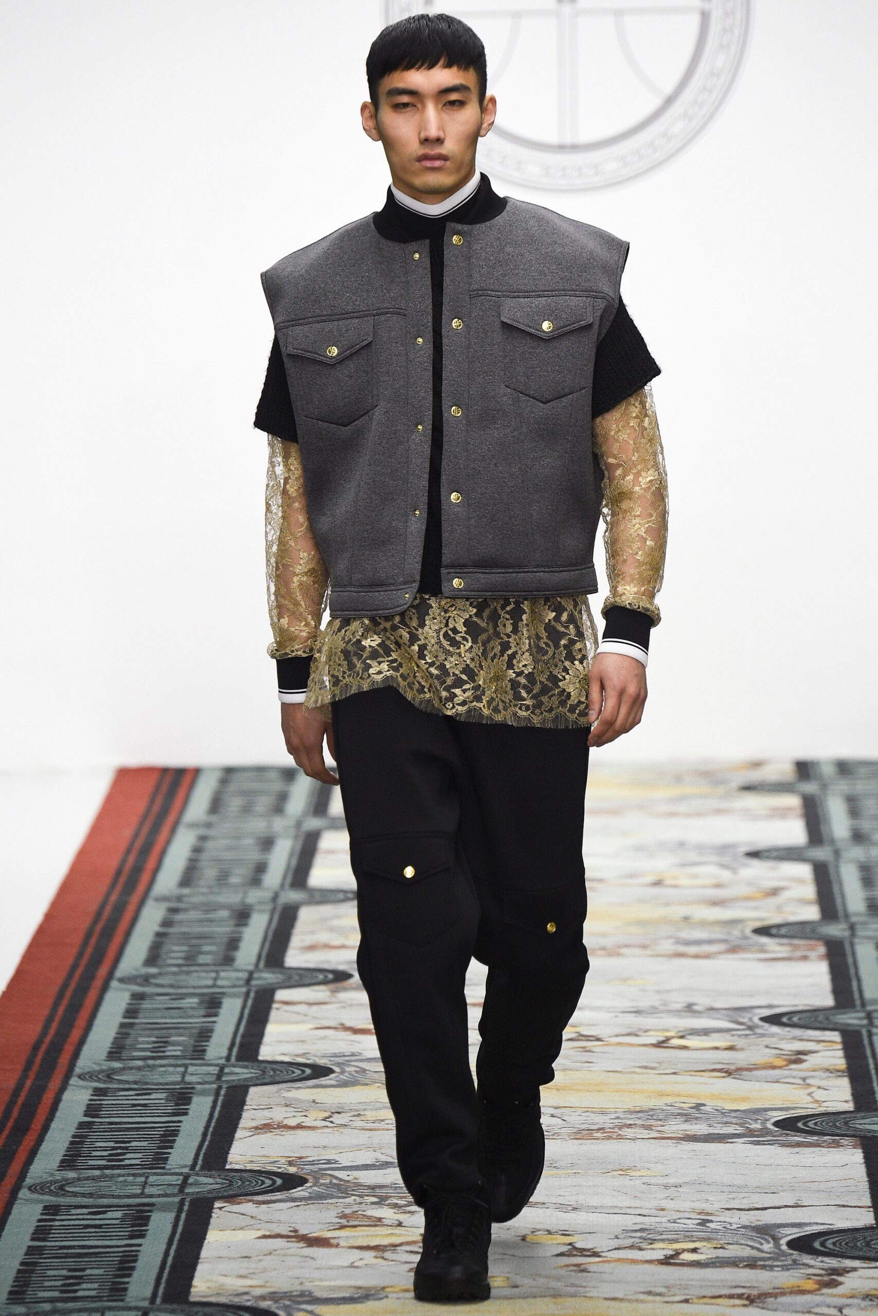 gold lace long-sleeve collared fitted embroidered sheer shirt