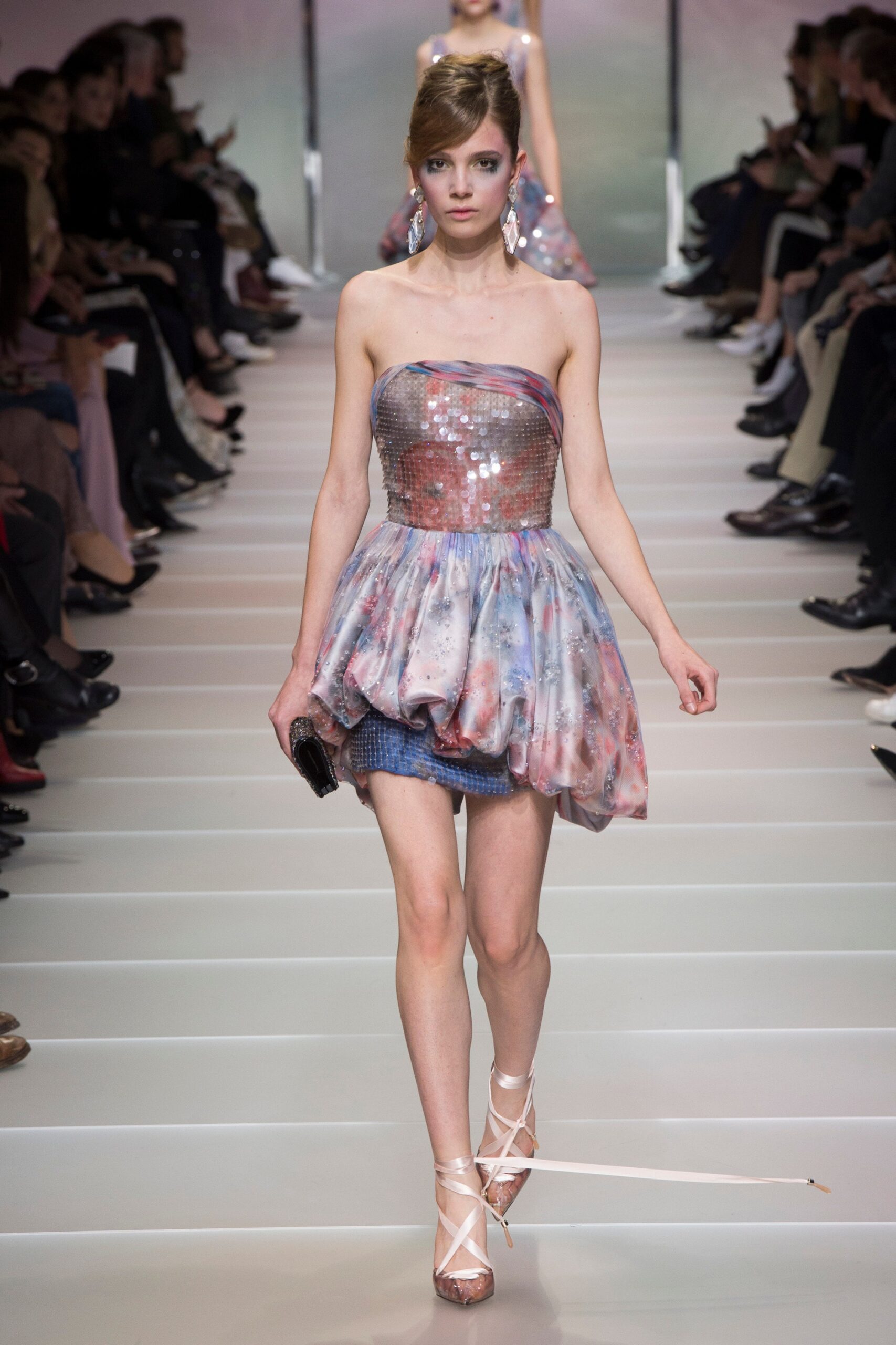 multi-colored strapless dress with denim skirt