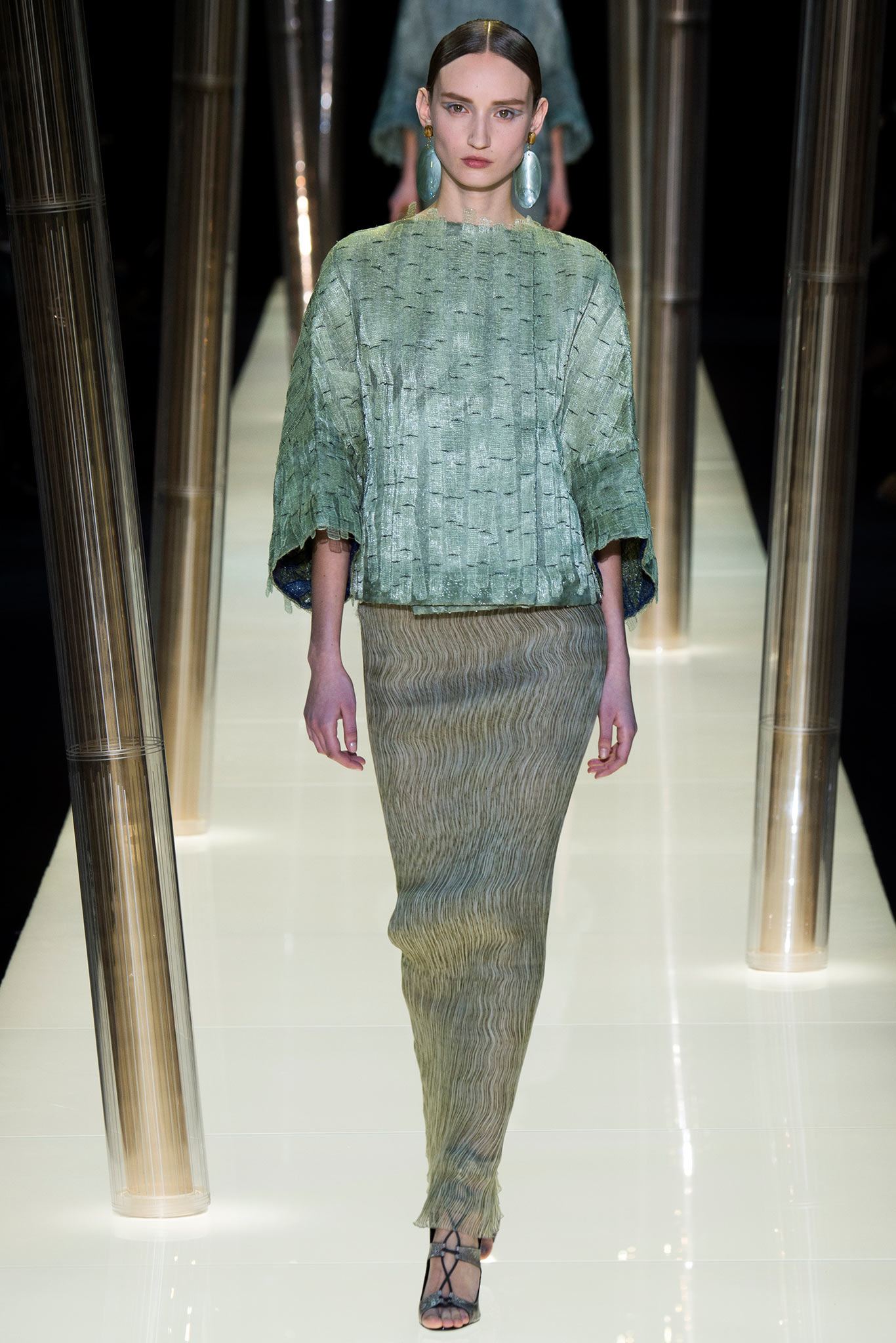 green silk fitted straight-leg flowing skirt