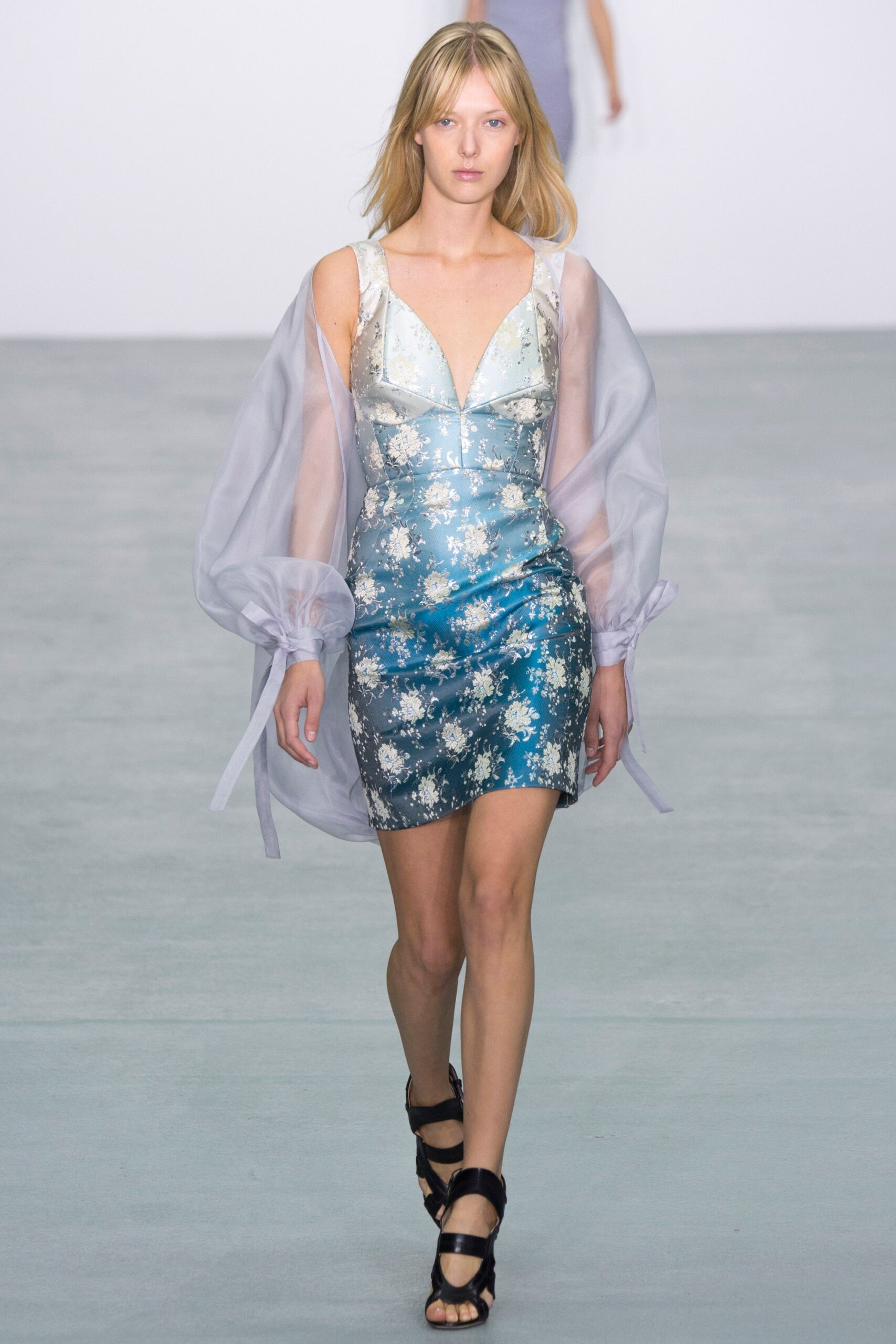 blue silk sleeveless v-neck fitted floral layered dress