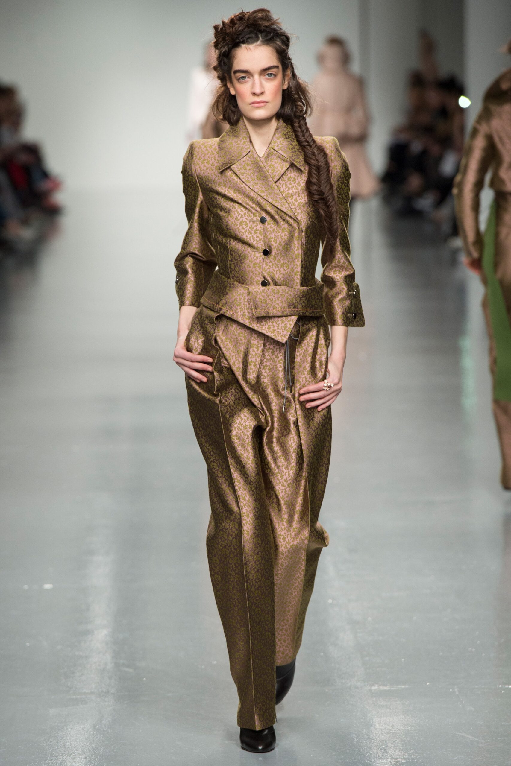 fitted gold silk suit