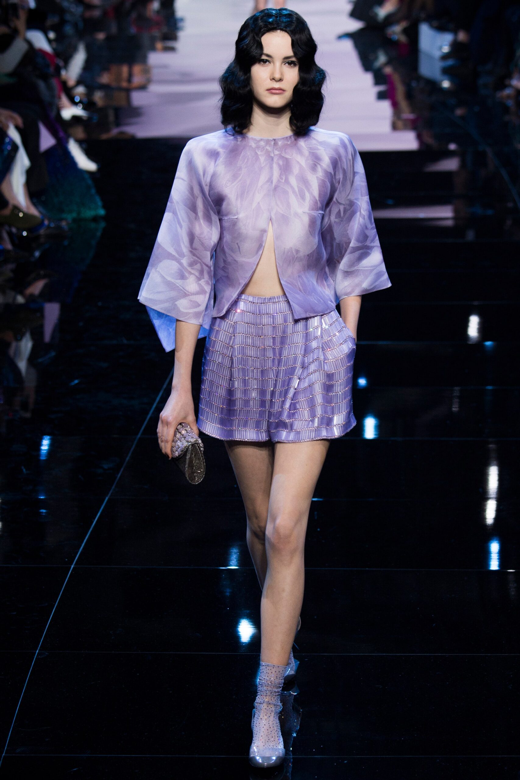 purple silk short-sleeve collared relaxed draped flowing top