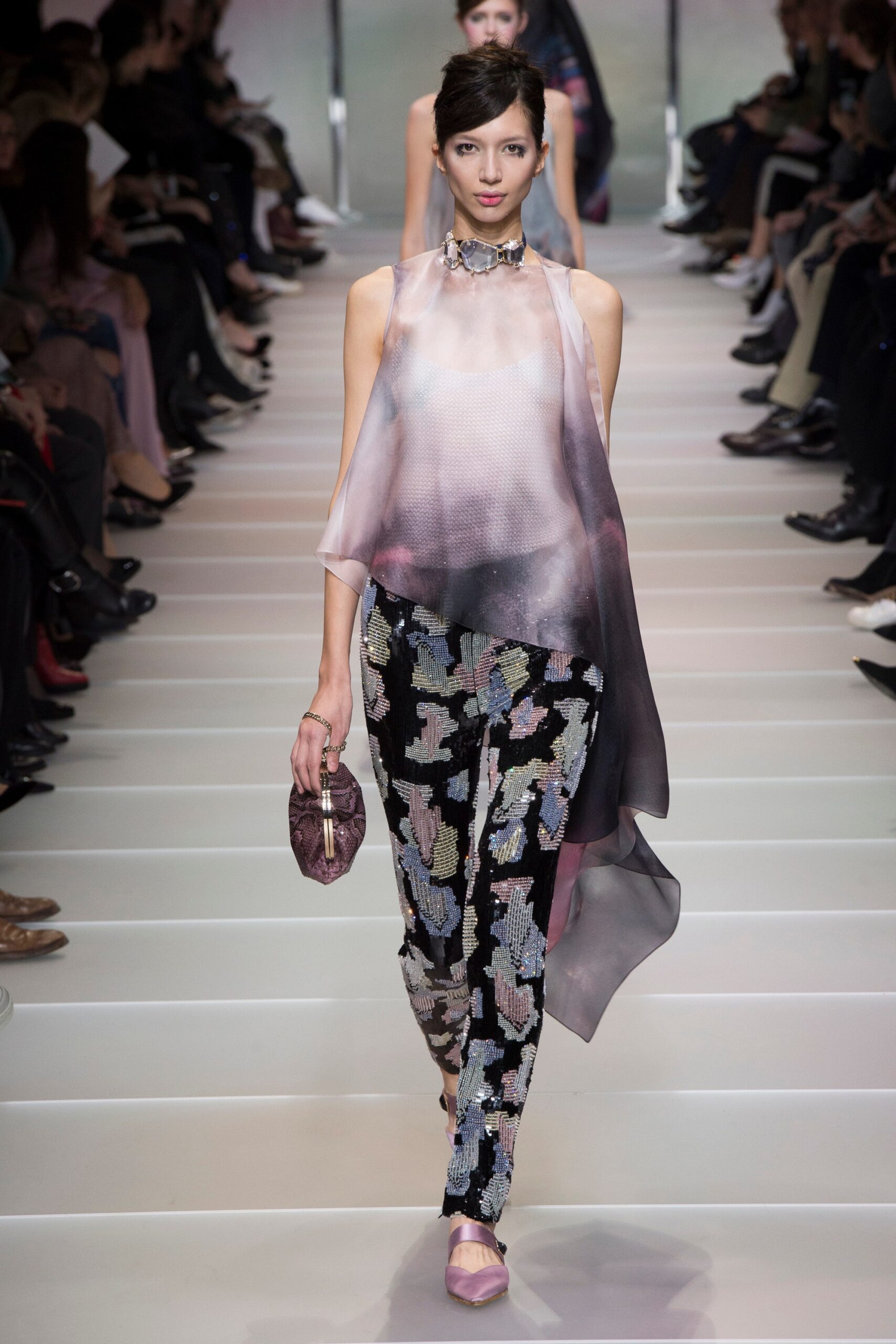 purple silk top with flared pants