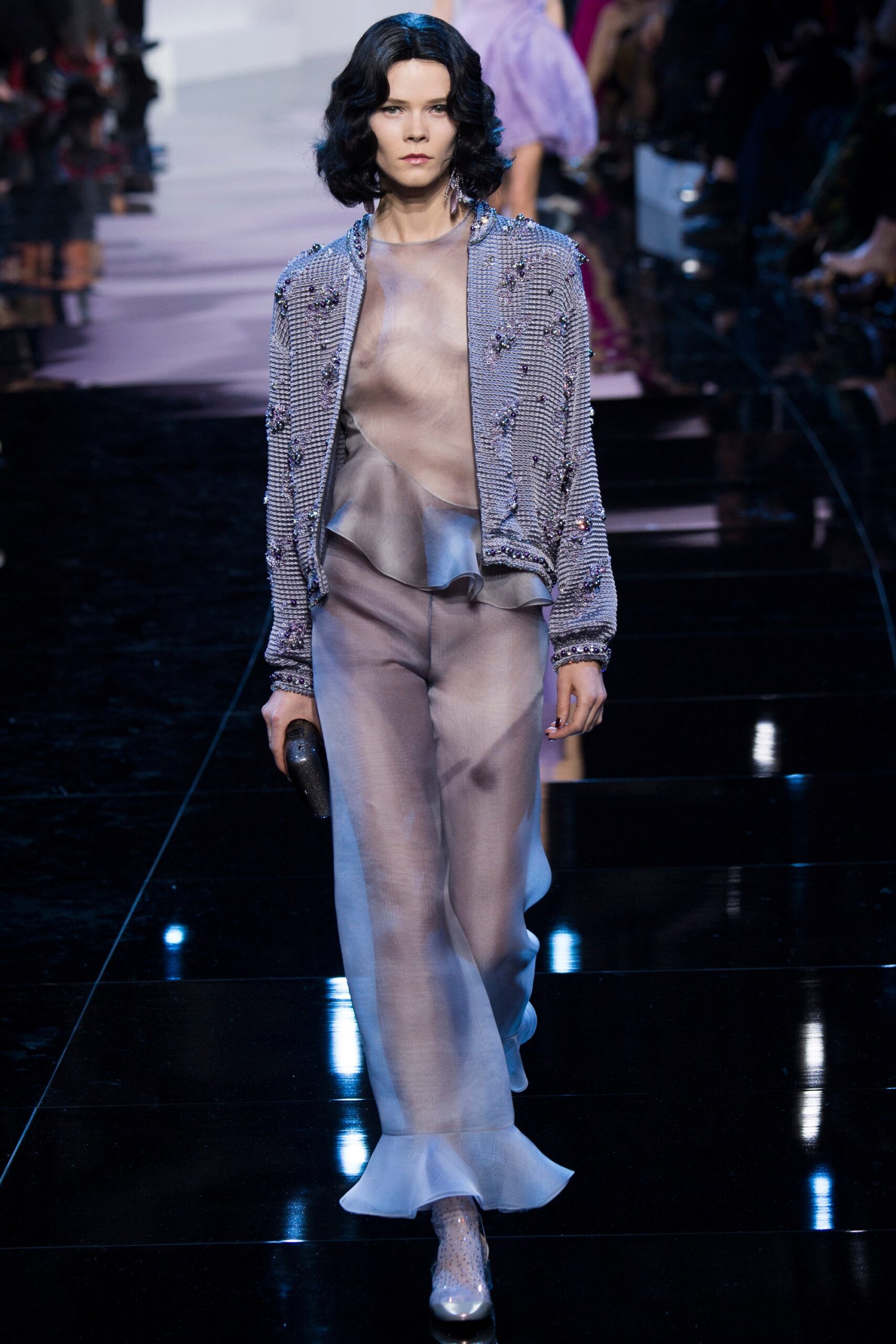 gray silk long-sleeve collared fitted beaded shiny jacket