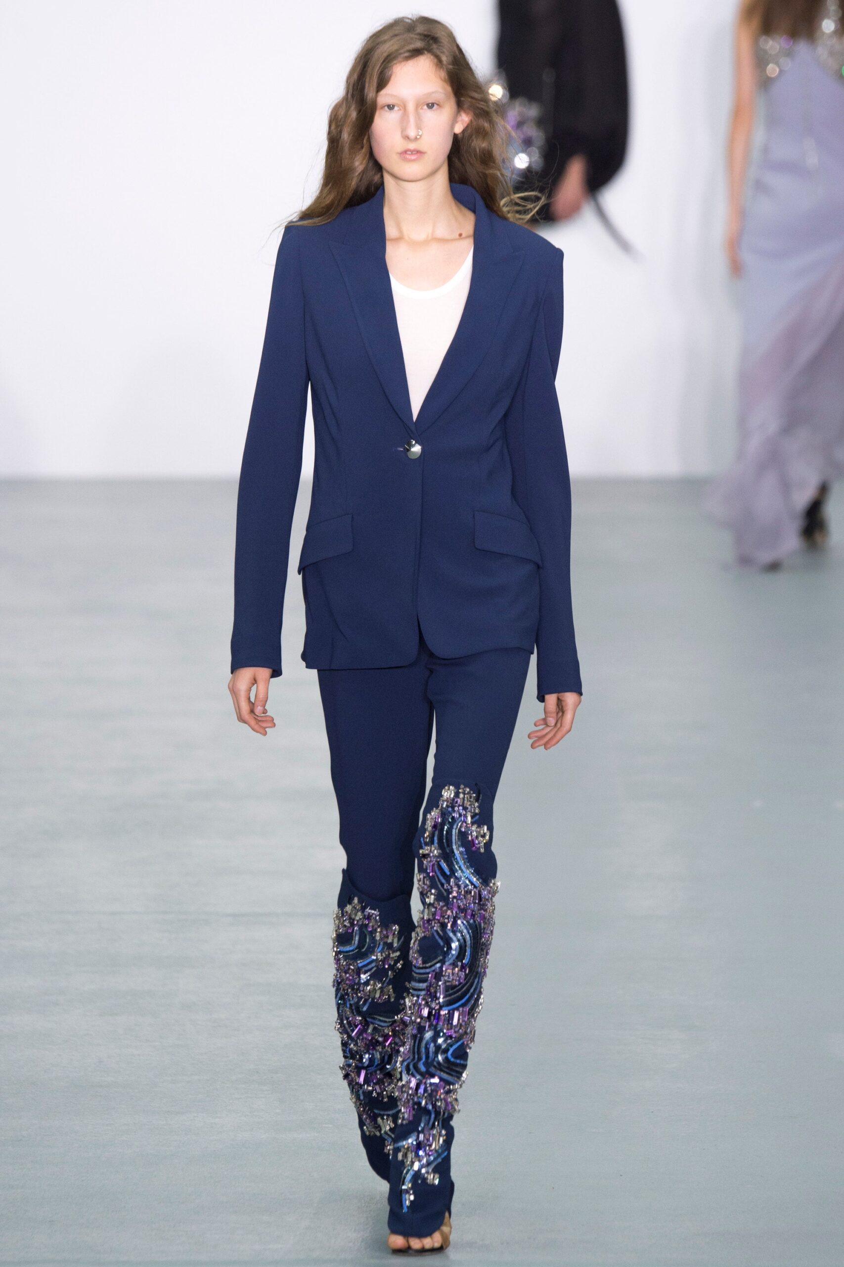 blue tailored suit with flared pants