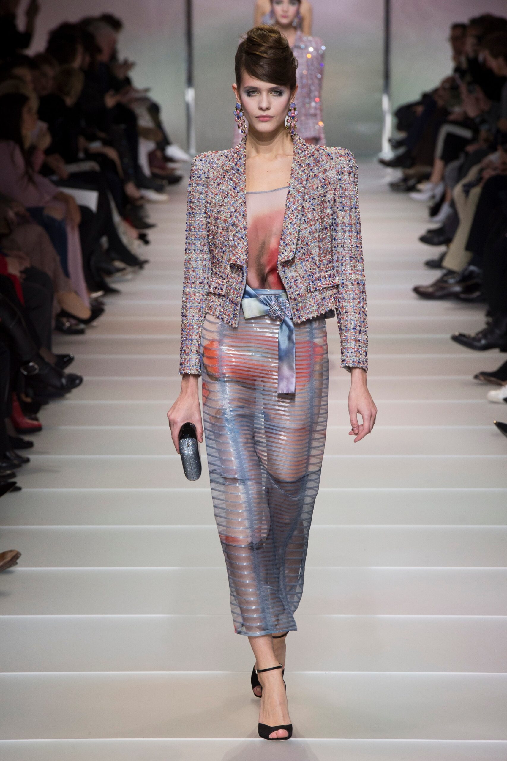 multi tweed tailored jacket and pleated silk dress