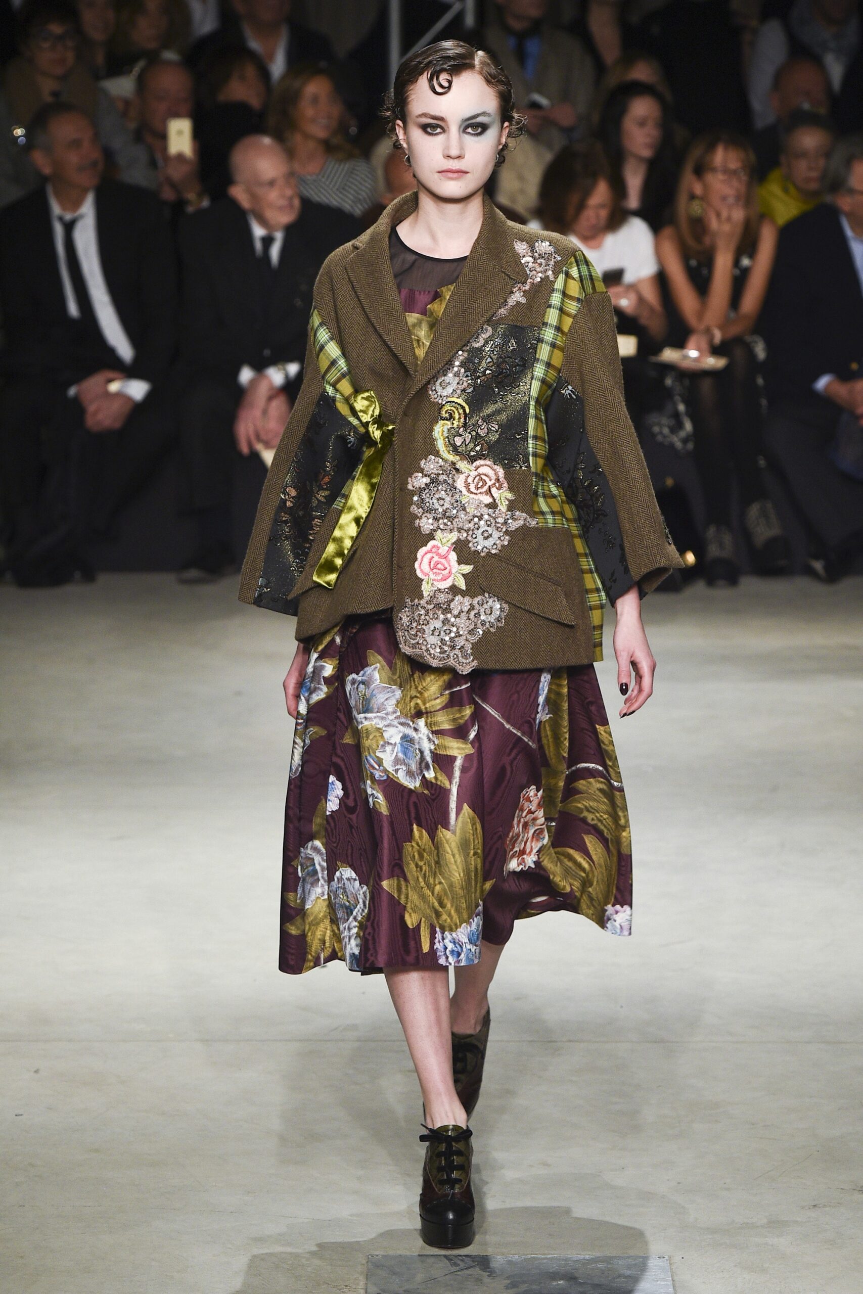 green wool coat and purple silk dress