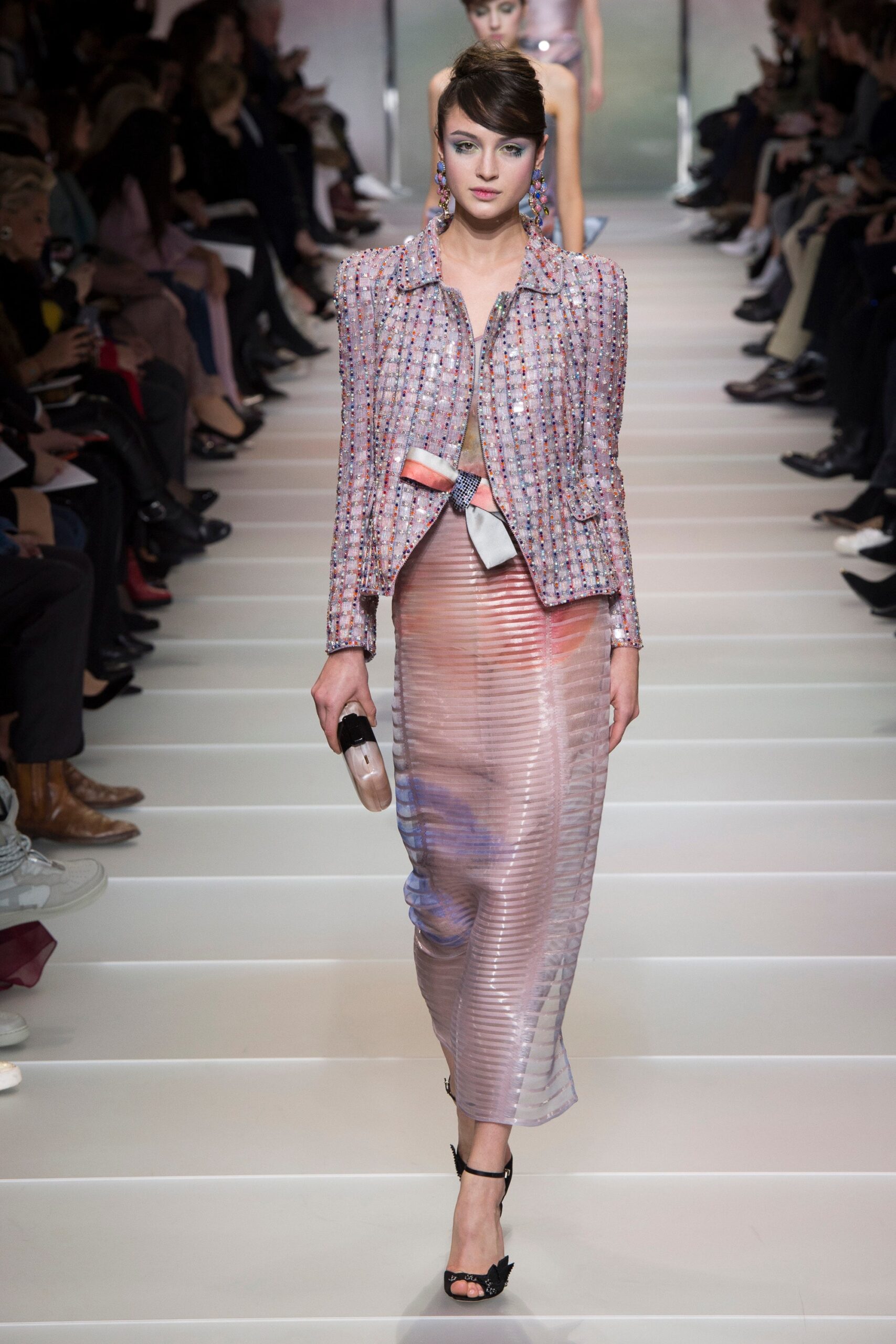 pink embroidered jacket with pleated skirt