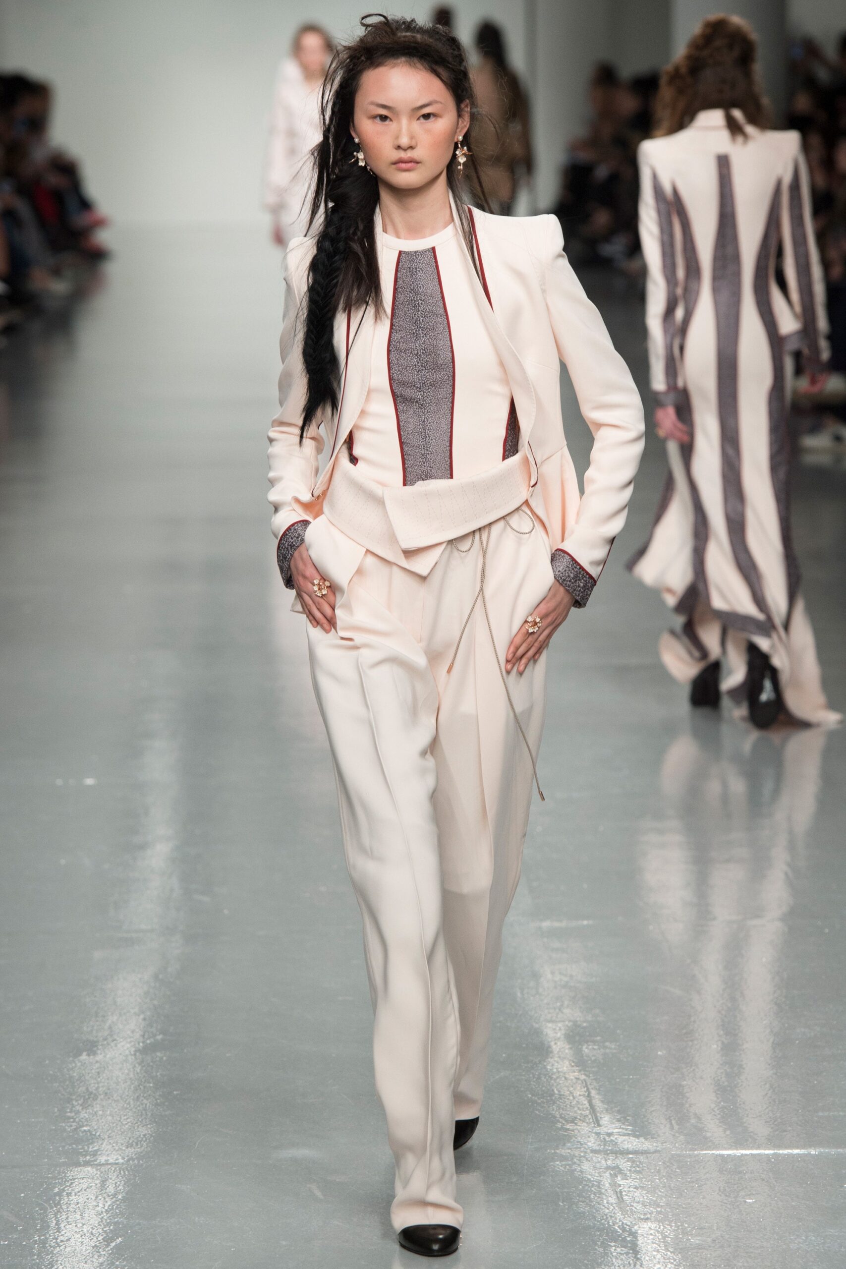 tailored white suit with gray accents