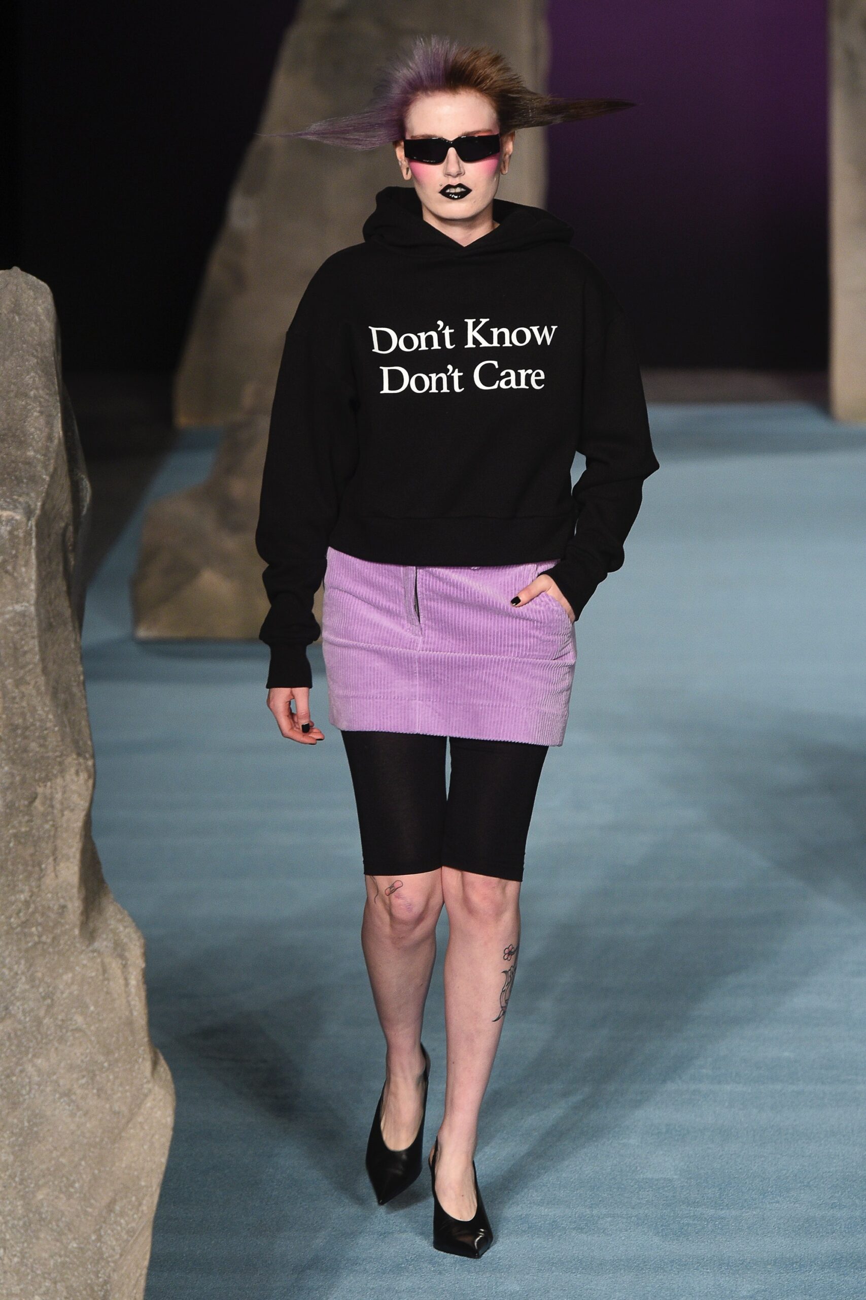 black hoodie purple pencil skirt