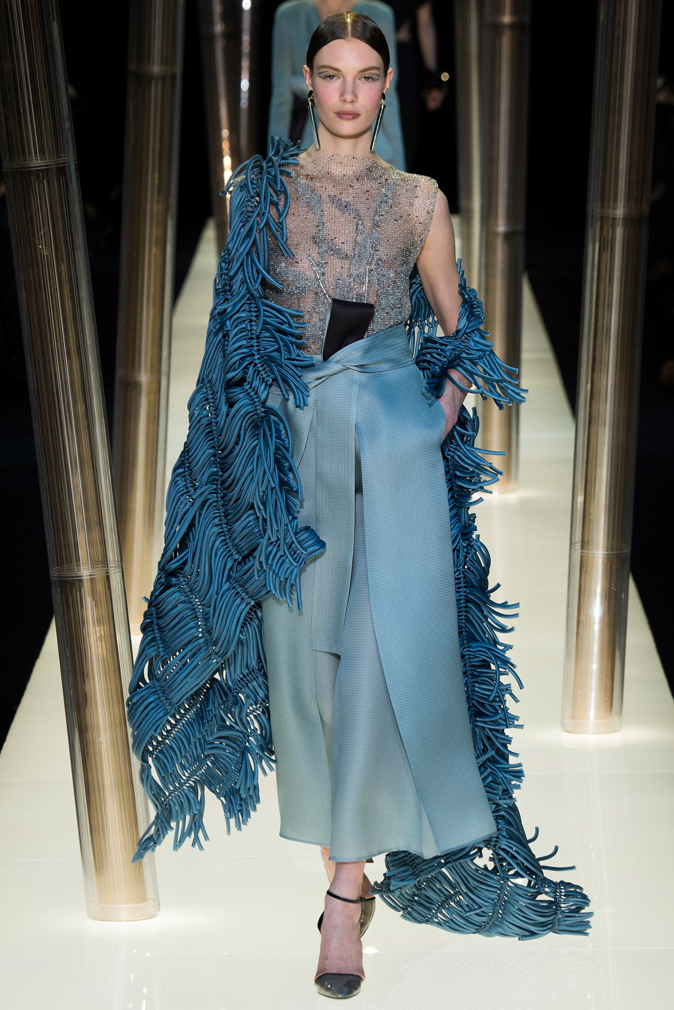 blue silk gown with fringed cape