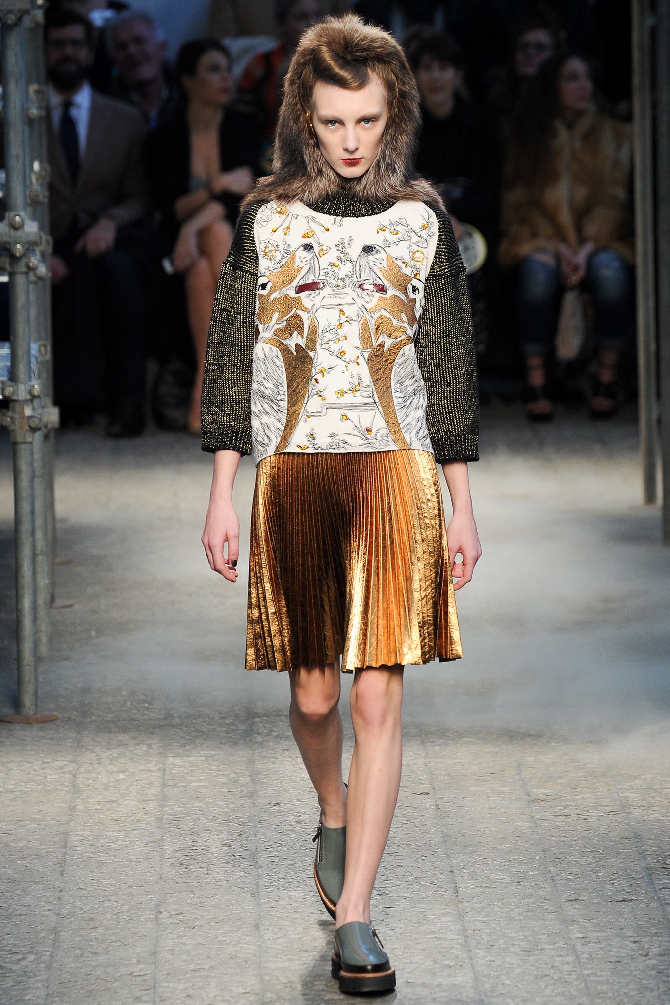 embroidered silk top with pleated skirt