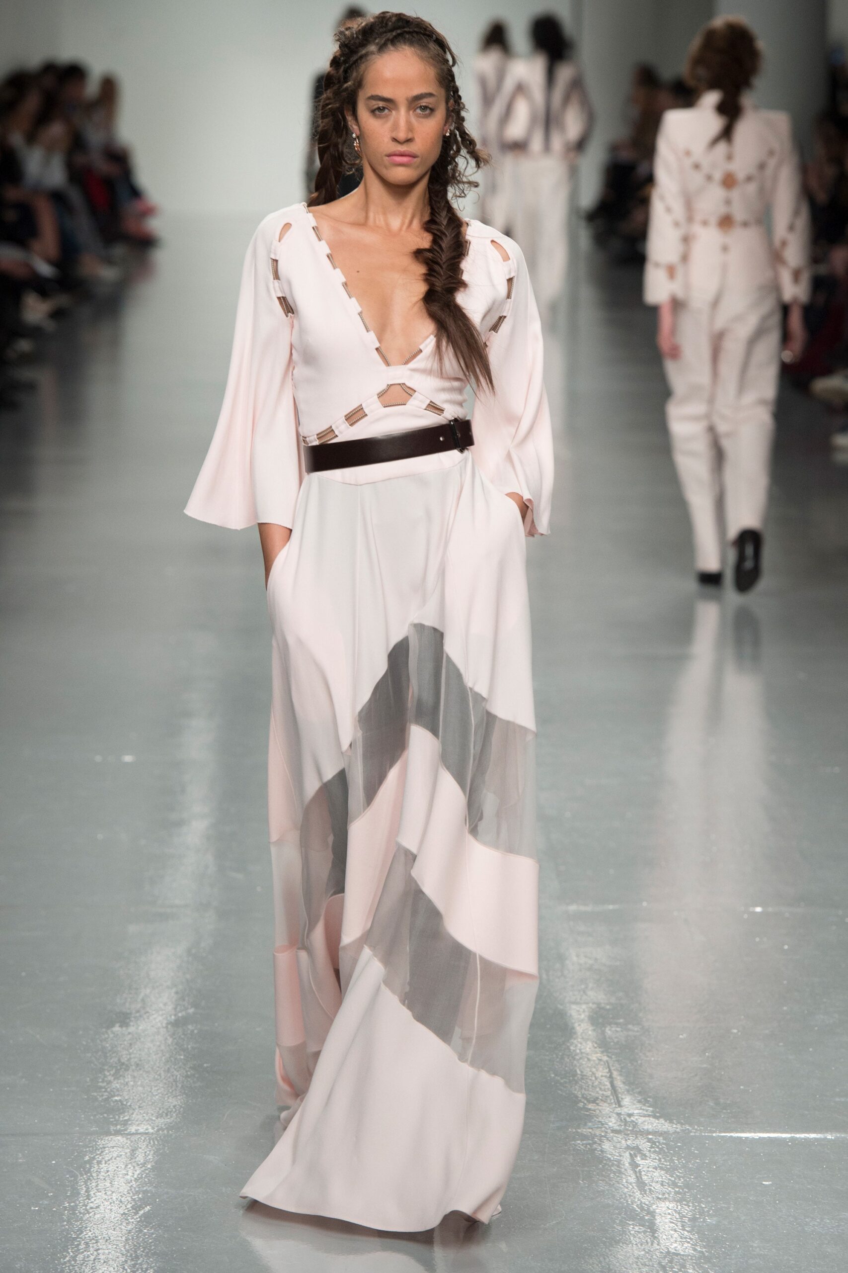 white pink gray flowing gown