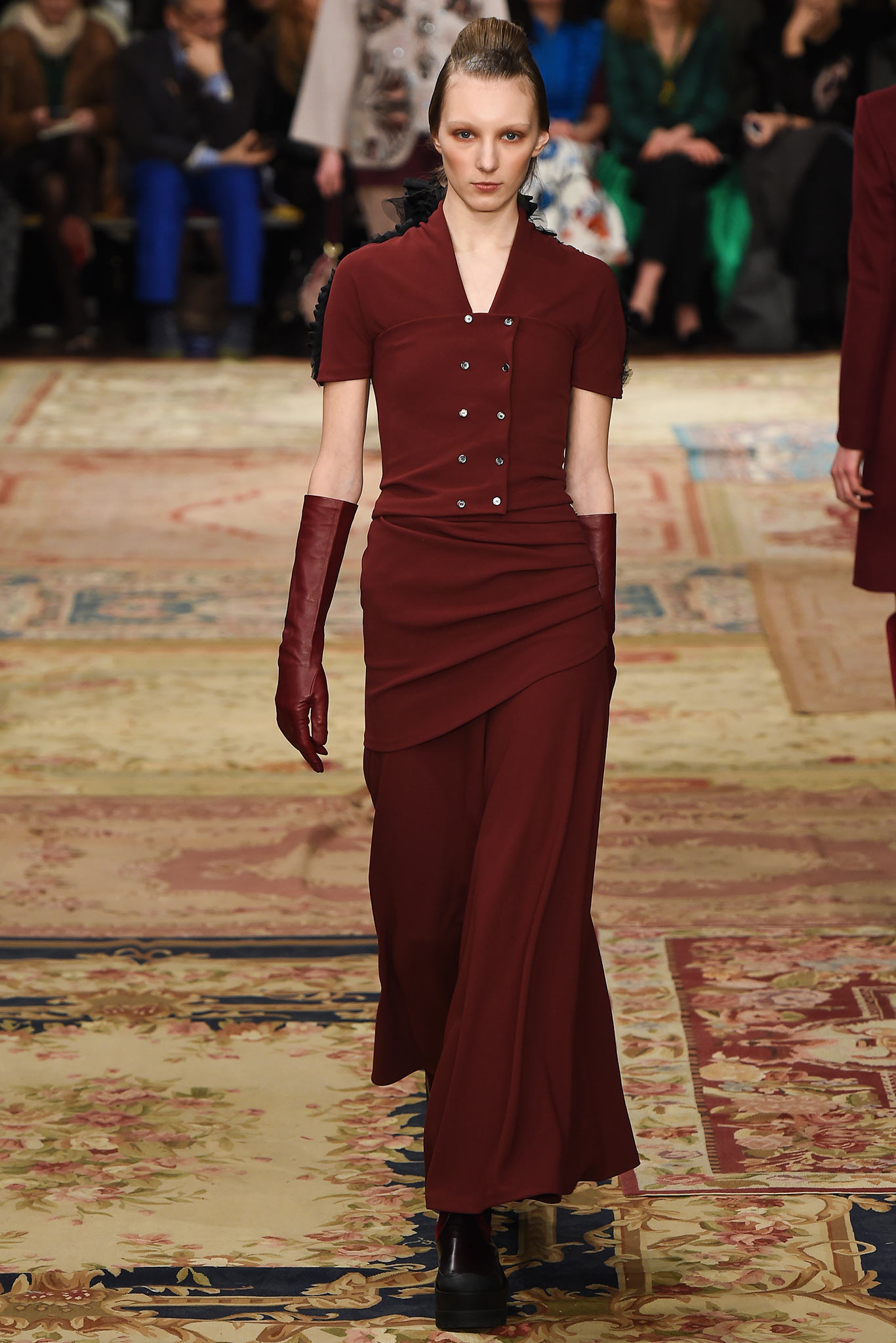maroon silk short-sleeve v-neck fitted buttoned draped dress