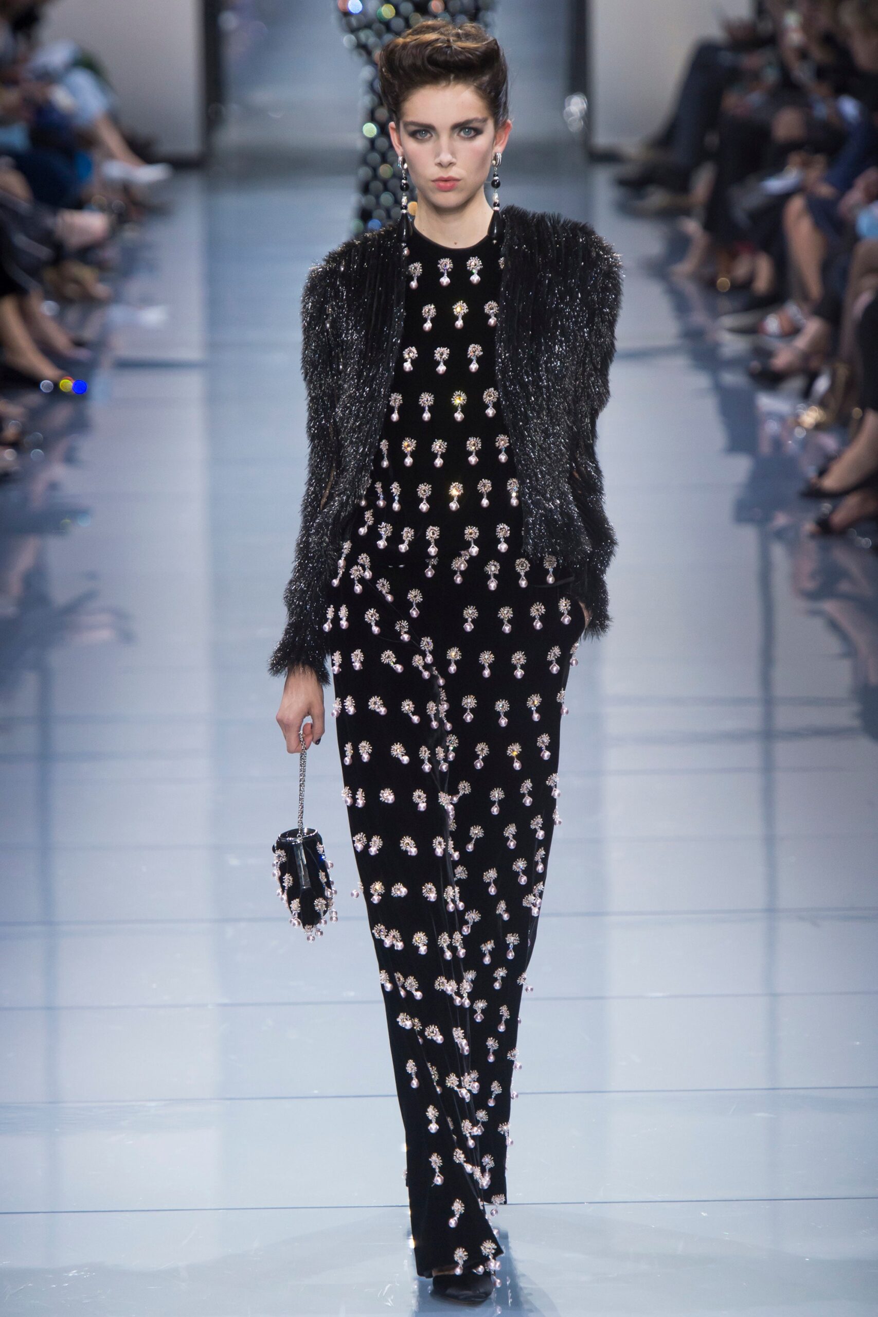 black silk fringed jacket and beaded pants