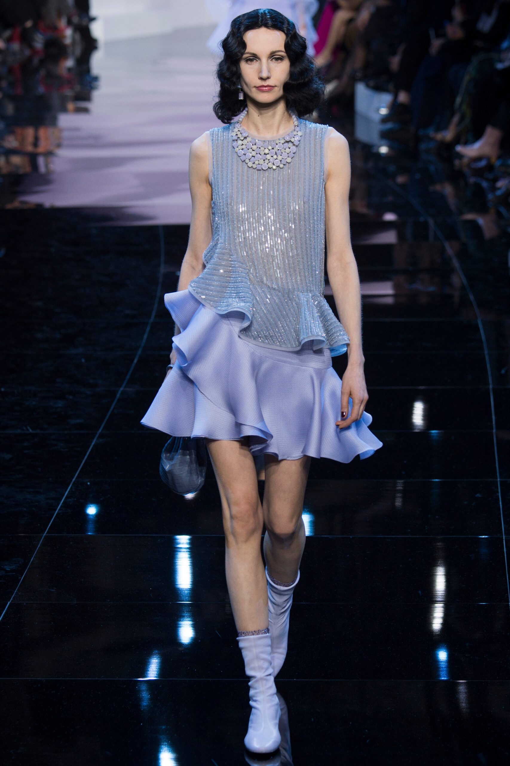 blue sequined top with lavender skirt