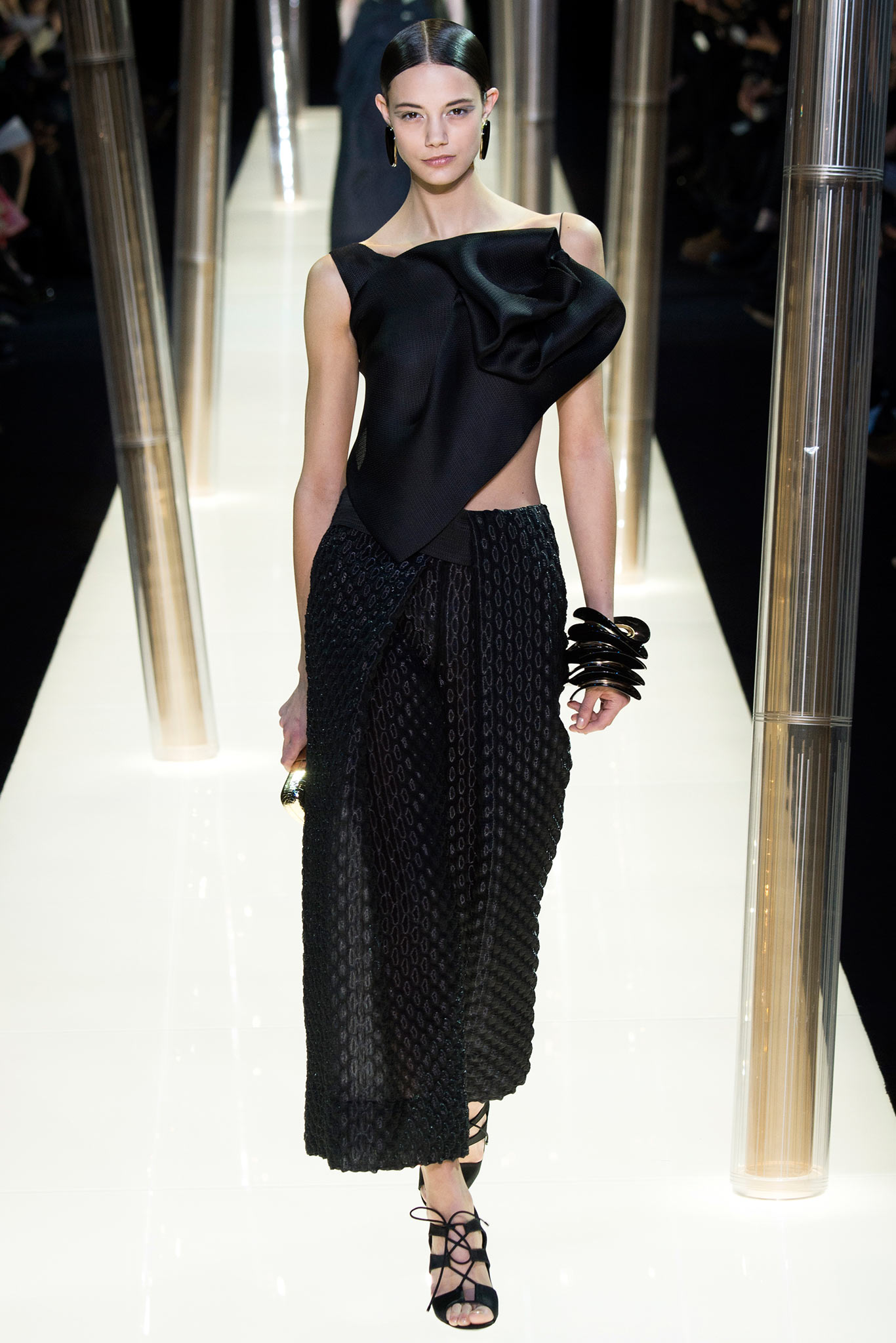 black silk asymmetric top and relaxed pants