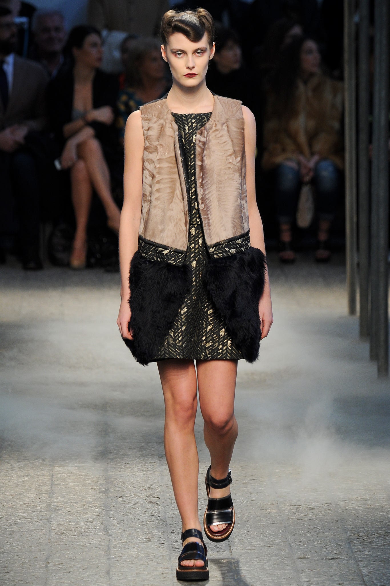 black mini dress with fur