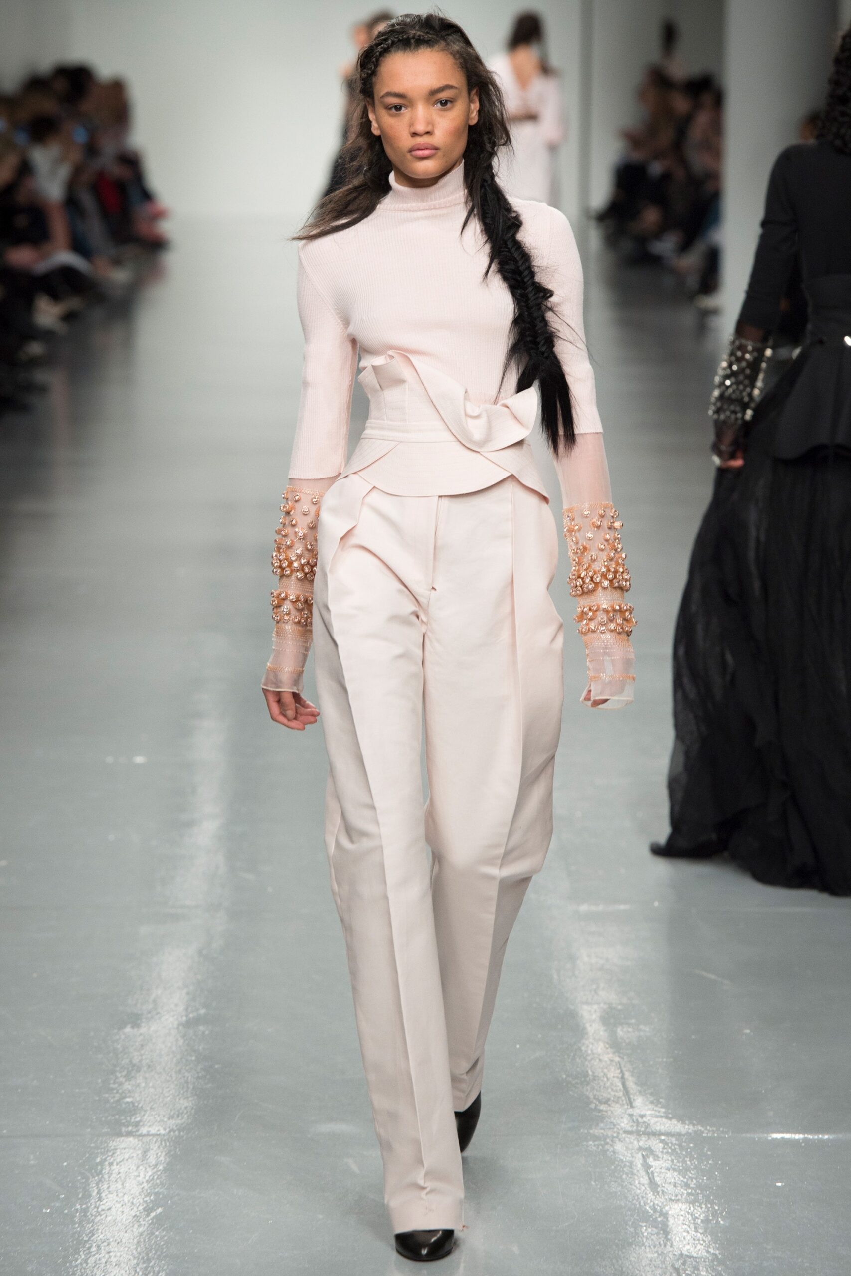 pink silk long-sleeve high-neck fitted draped buttoned top