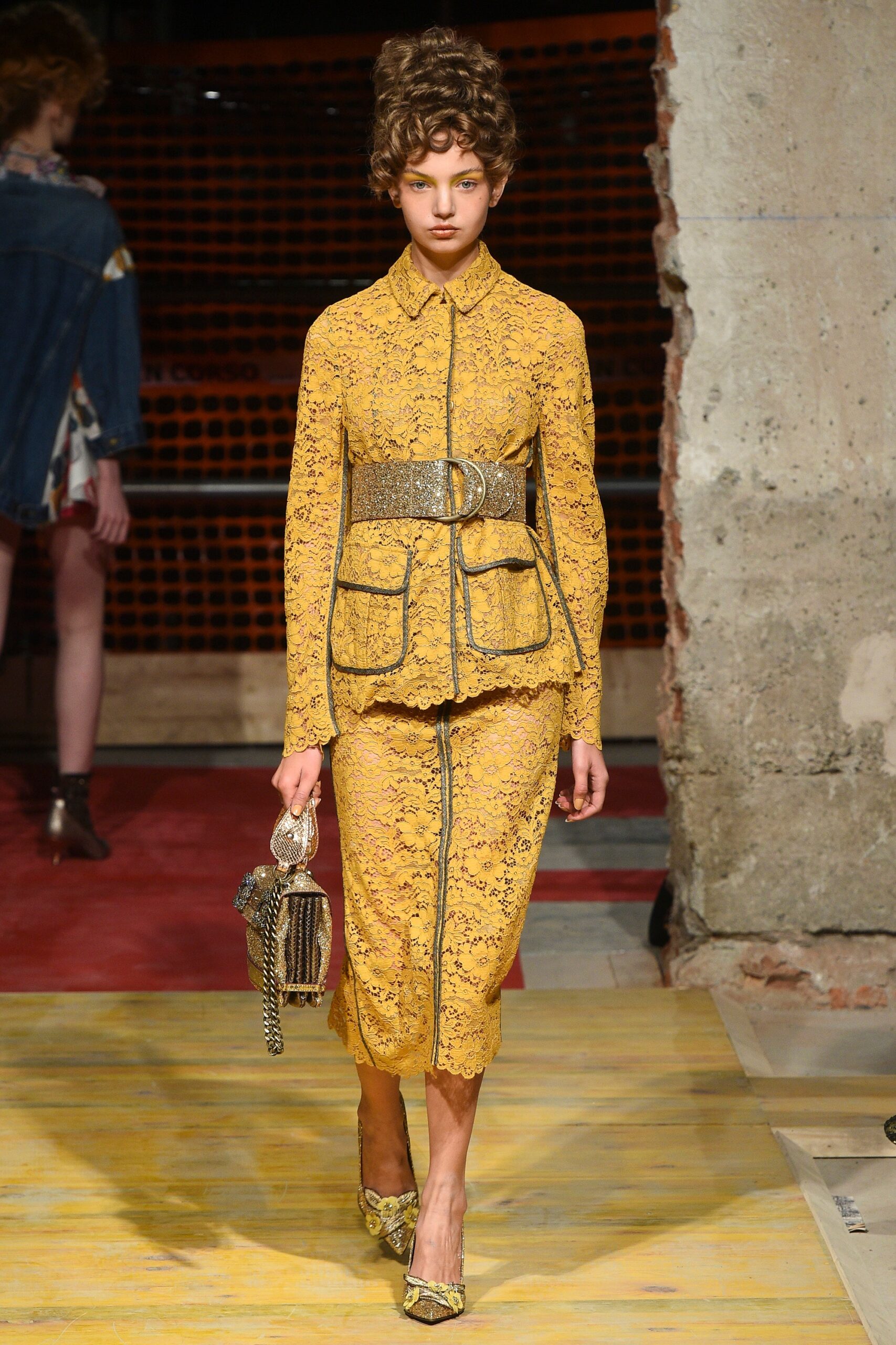 yellow lace fitted suit