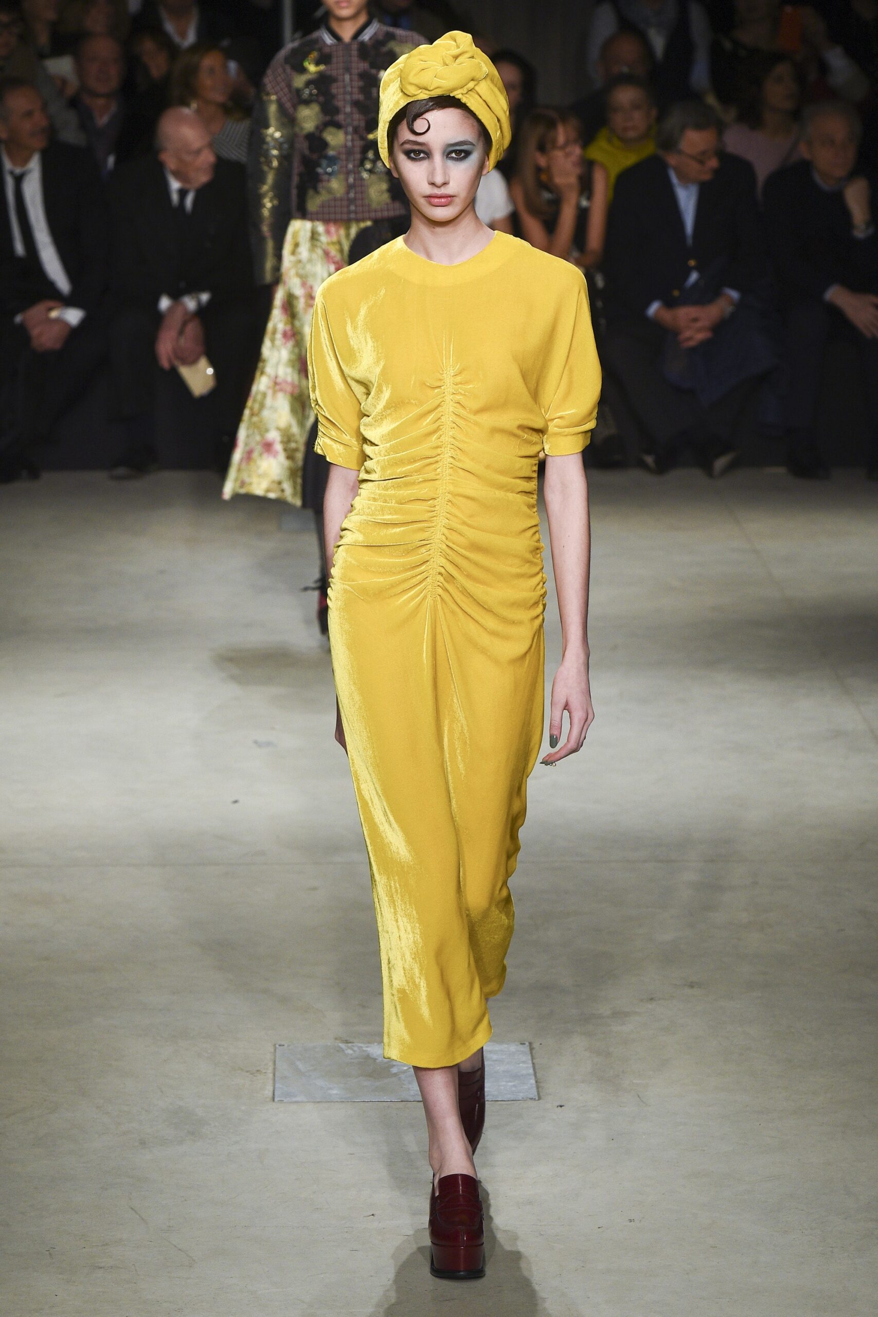 fitted yellow velvet dress and hat