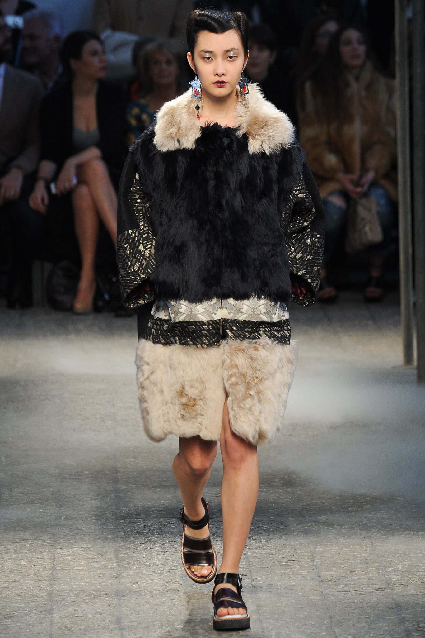 black and beige fur coat