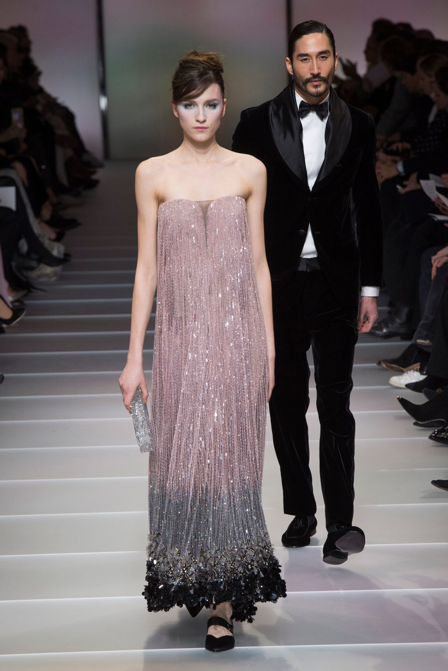 pink sequin strapless gown