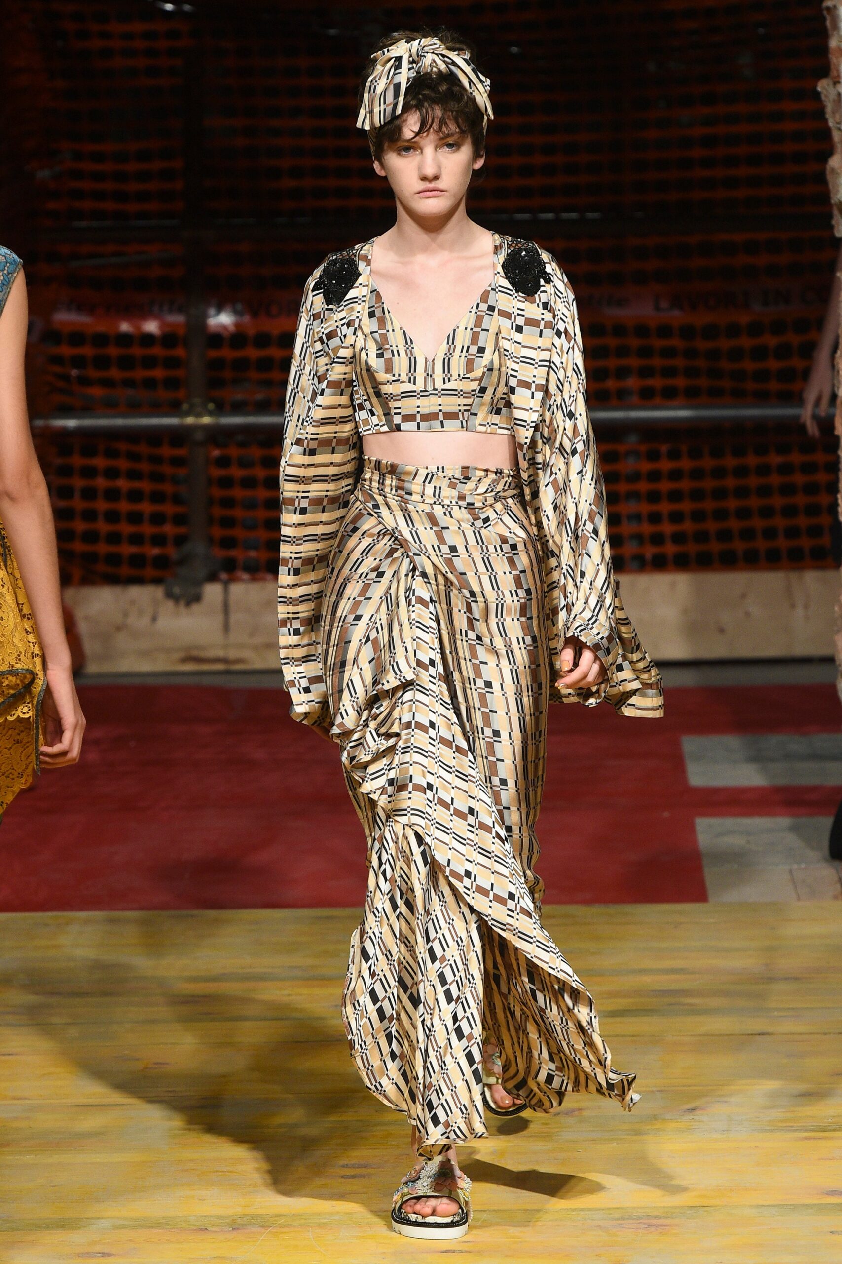 beige brown printed crop-top and skirt