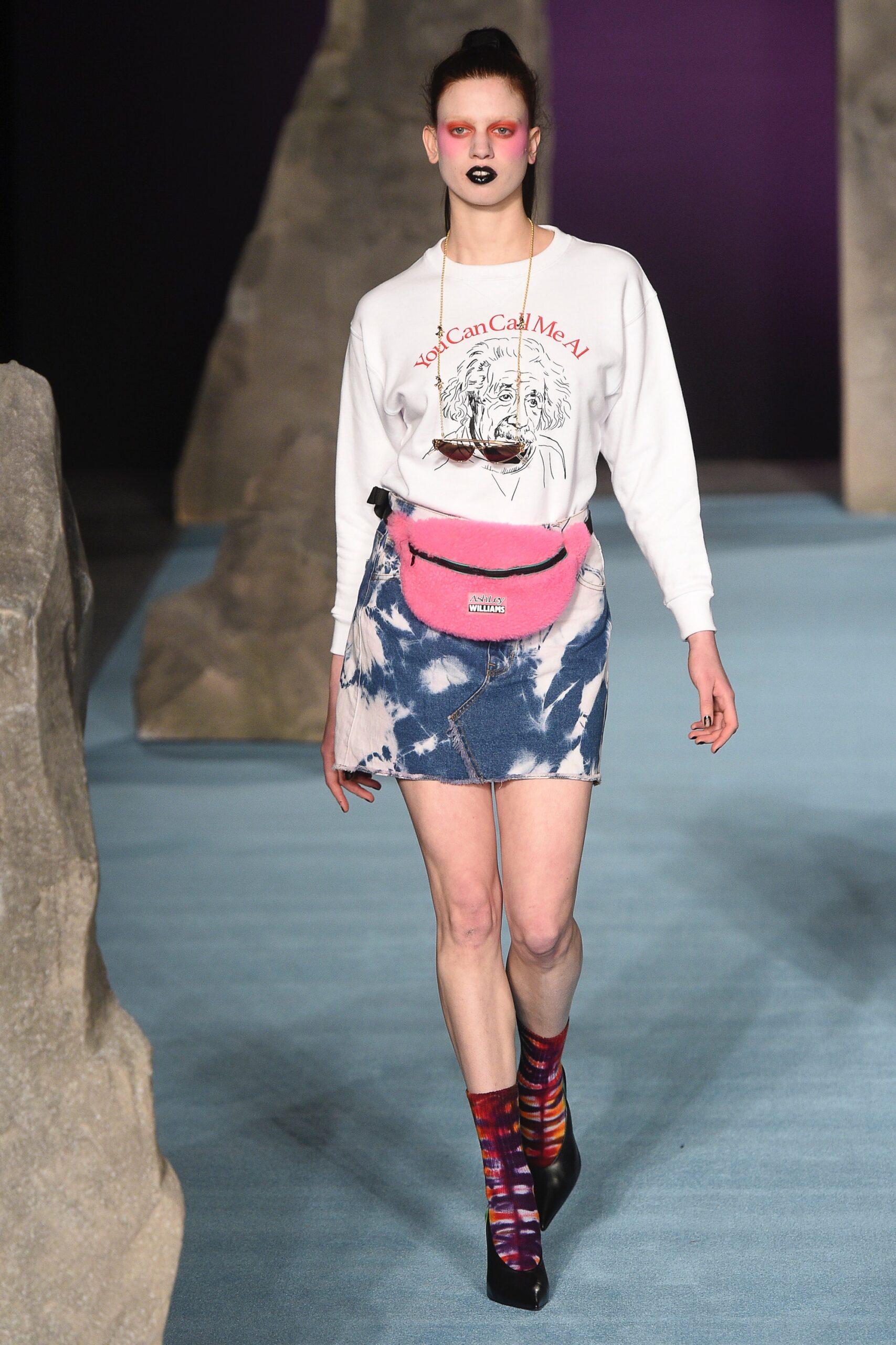 white cotton sweater with denim skirt