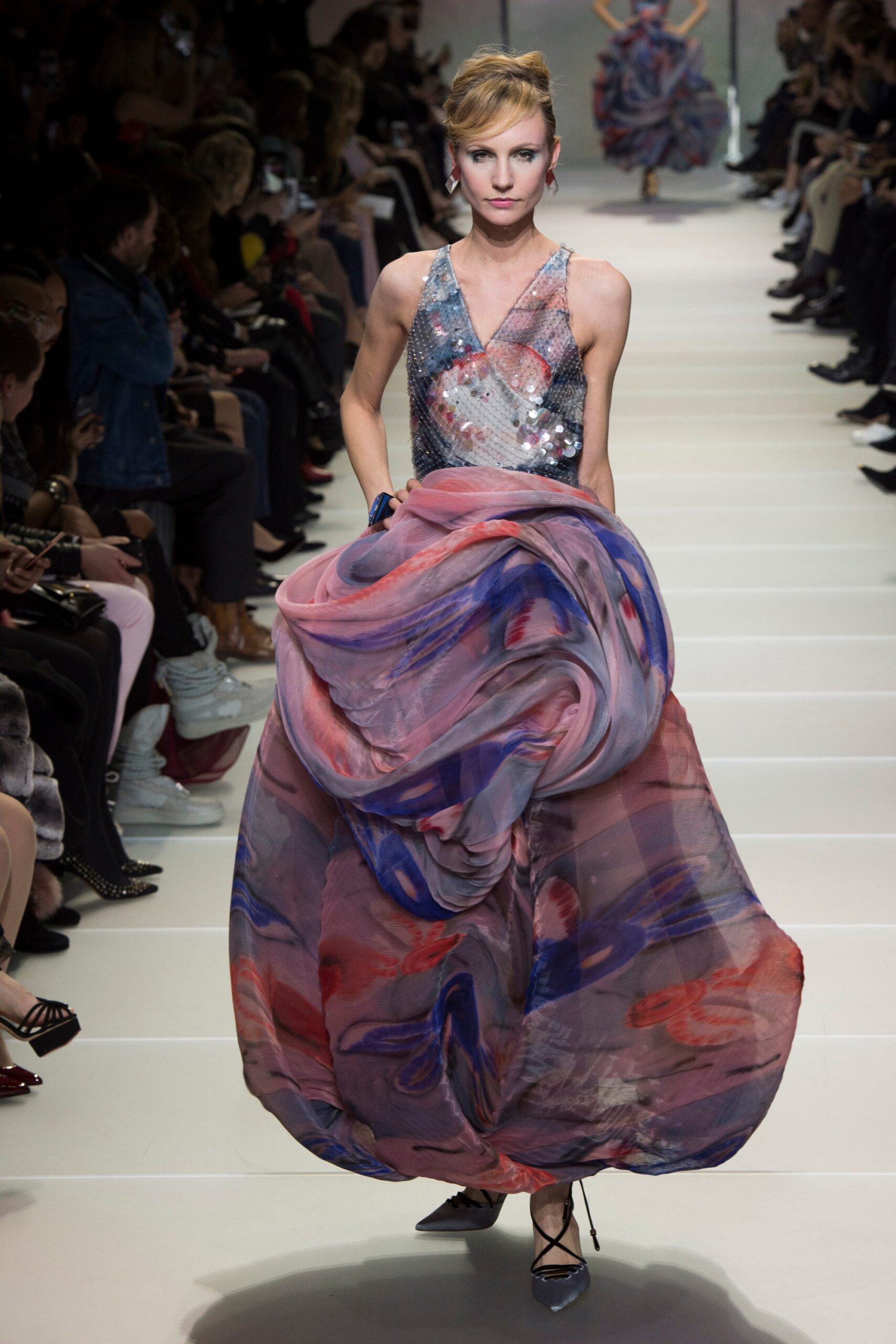 flowing pink and blue gown