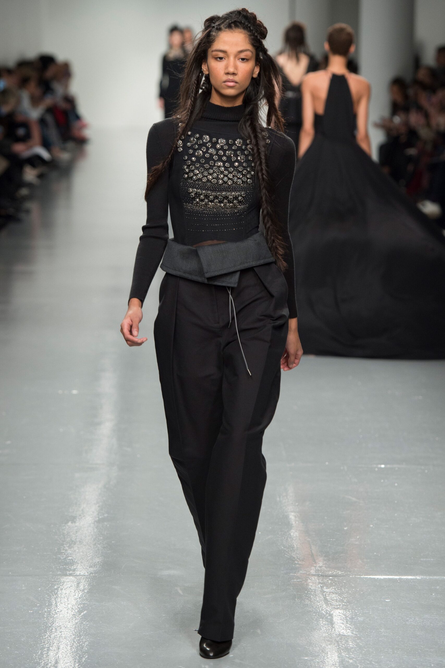 black cotton long-sleeve high-neck fitted embroidered top