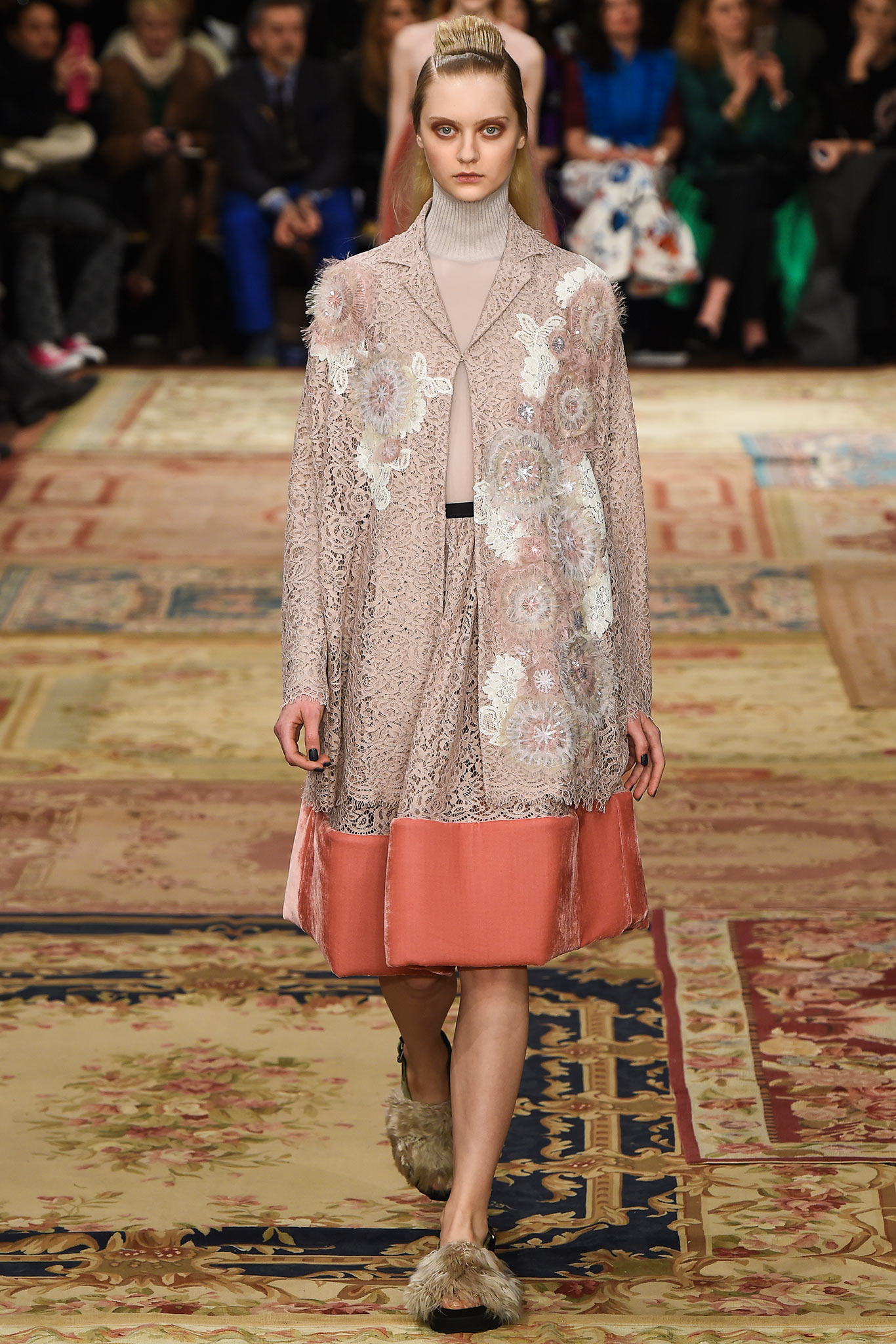 pink lace coat and silk dress